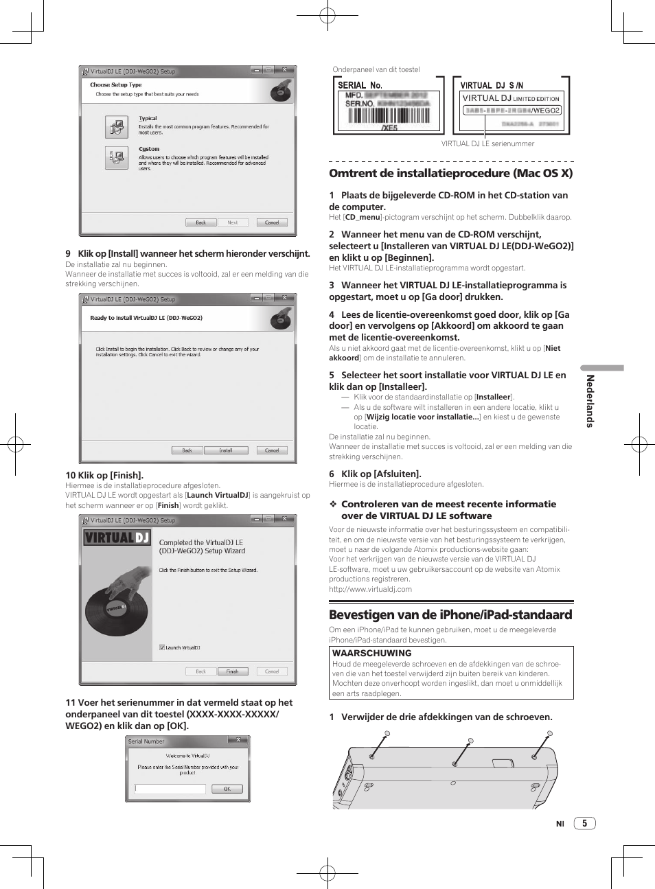 Bevestigen van de iphone/ipad-standaard, Omtrent de installatieprocedure (mac os x) | Pioneer DDJ-WeGO2 User Manual | Page 47 / 56