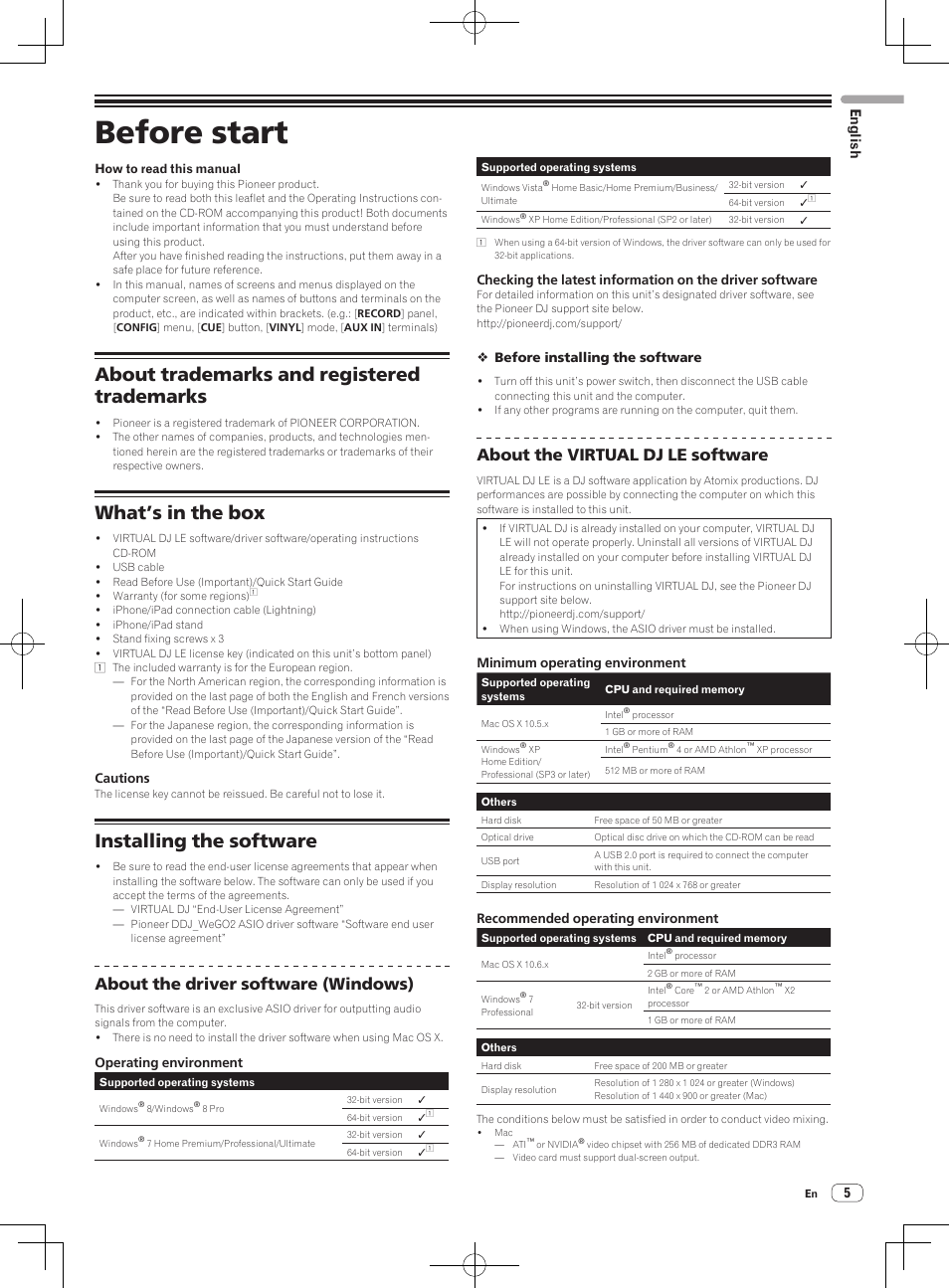 Before start, About trademarks and registered trademarks, What’s in the box | Installing the software, About the driver software (windows), About the virtual dj le software, 5english | Pioneer DDJ-WeGO2 User Manual | Page 5 / 56