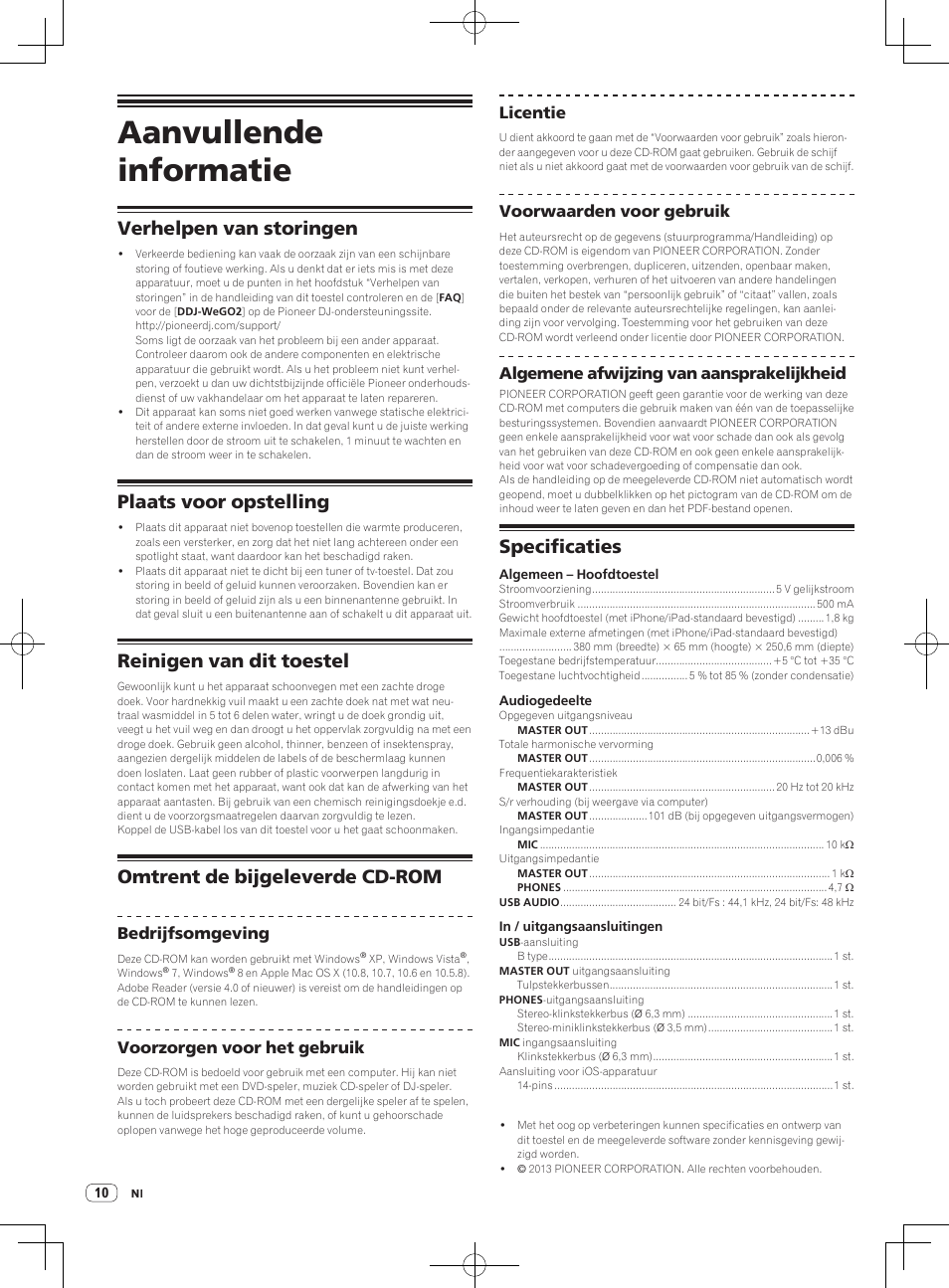 Aanvullende informatie, Verhelpen van storingen, Plaats voor opstelling | Reinigen van dit toestel, Omtrent de bijgeleverde cd-rom, Specificaties, Bedrijfsomgeving, Voorzorgen voor het gebruik, Licentie, Voorwaarden voor gebruik | Pioneer DDJ-WeGO2 User Manual | Page 52 / 56