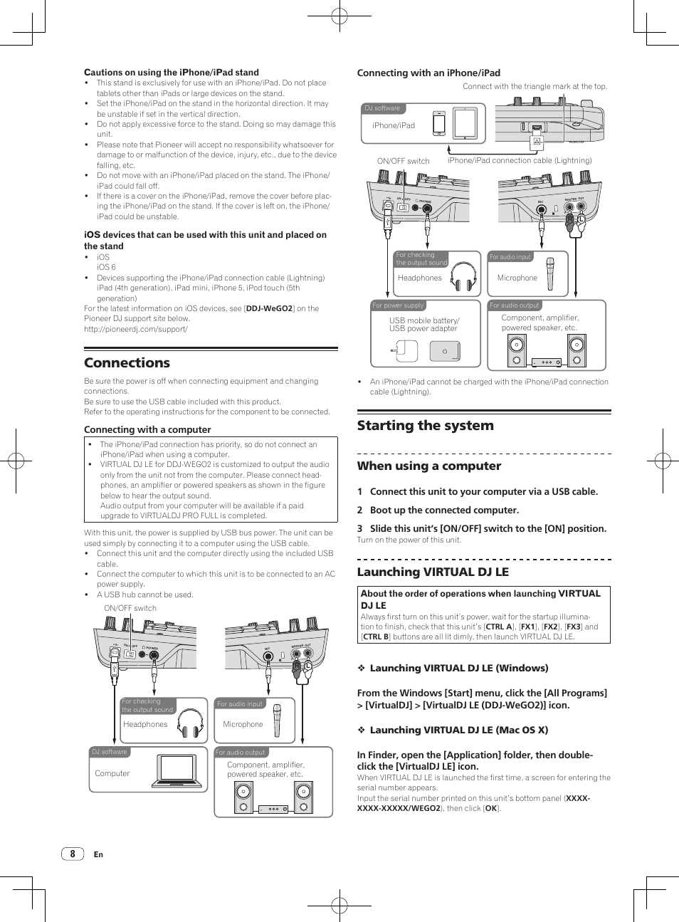 Connections, Starting the system, When using a computer | Launching virtual dj le | Pioneer DDJ-WeGO2 User Manual | Page 8 / 56