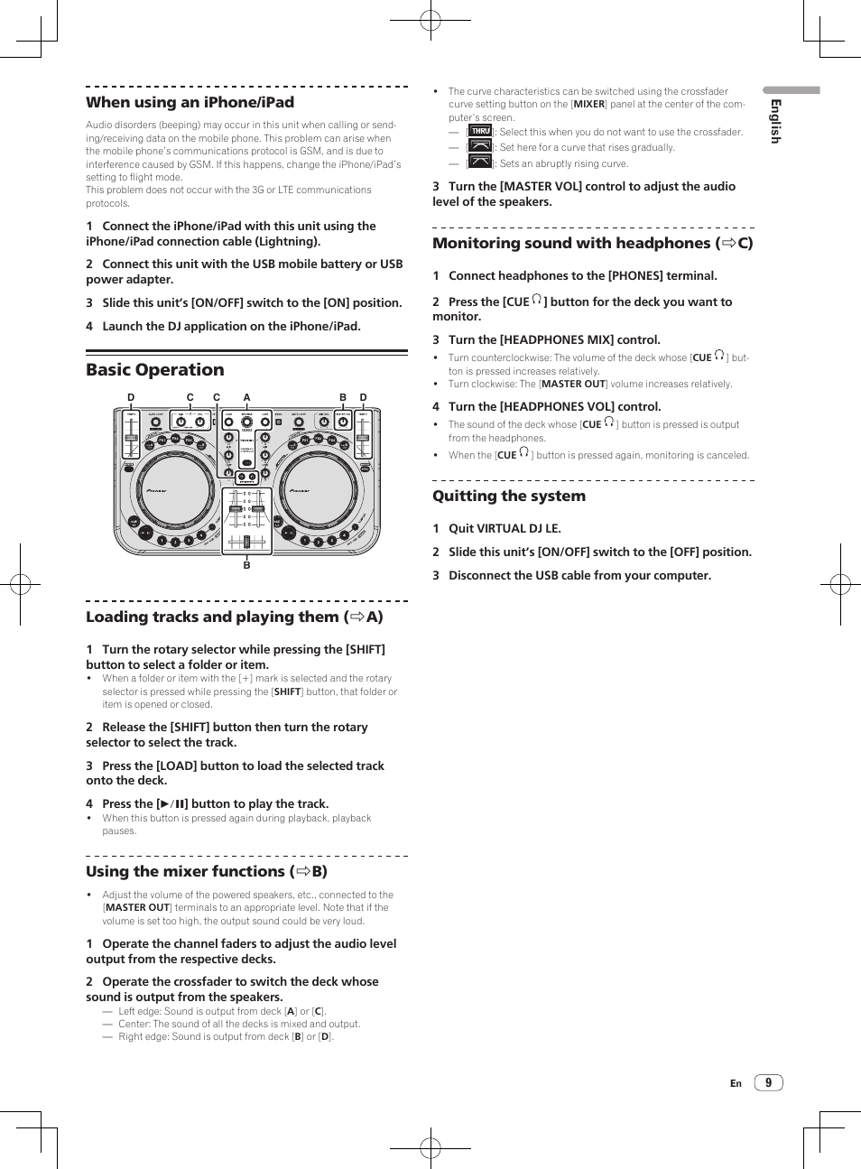 Basic operation, When using an iphone/ipad, Loading tracks and playing them ( r a) | Using the mixer functions ( r b), Monitoring sound with headphones ( r c), Quitting the system | Pioneer DDJ-WeGO2 User Manual | Page 9 / 56