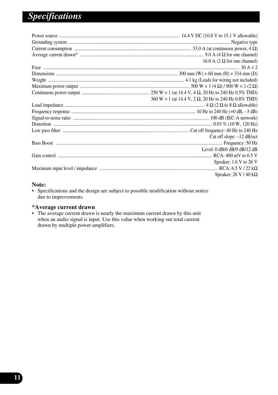 Specifications | Pioneer GM-7300M User Manual | Page 12 / 85