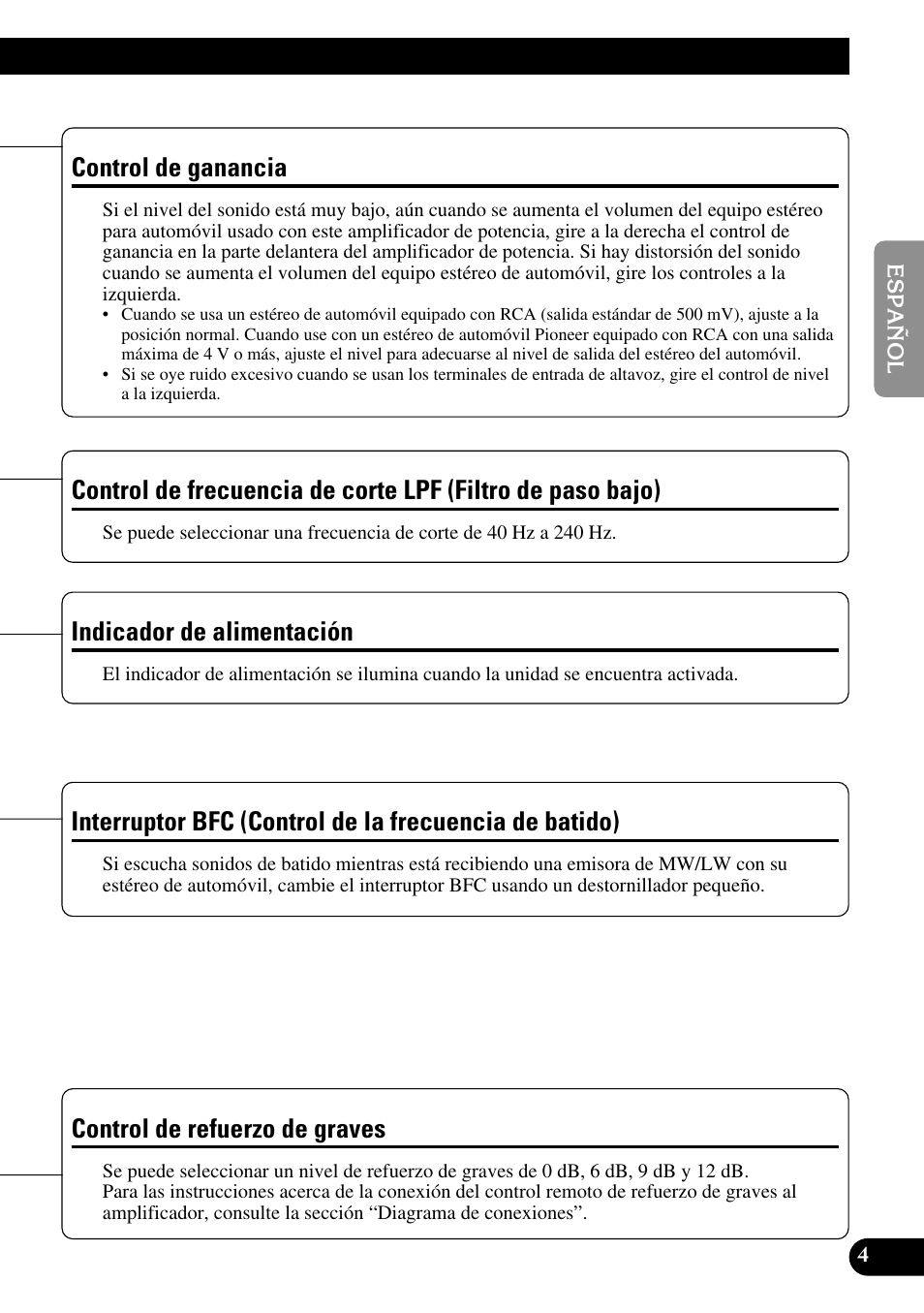 Filtro de paso bajo), Indicador de alimentación interruptor bfc, Control de la frecuencia de batido) | Control de refuerzo de graves, Control de ganancia, Indicador de alimentación | Pioneer GM-7300M User Manual | Page 17 / 85
