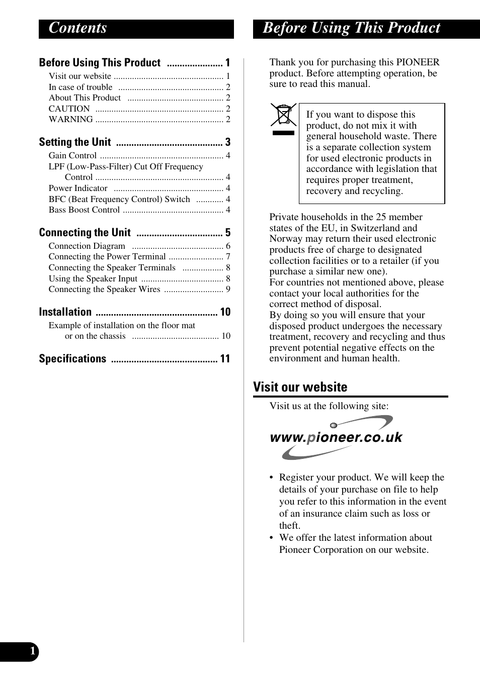English, Contents before using this product, Visit our website | Pioneer GM-7300M User Manual | Page 2 / 85