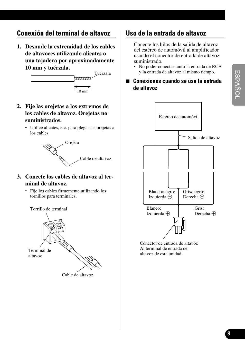 Conexión del terminal de altavoz, Uso de la entrada de altavoz | Pioneer GM-7300M User Manual | Page 21 / 85
