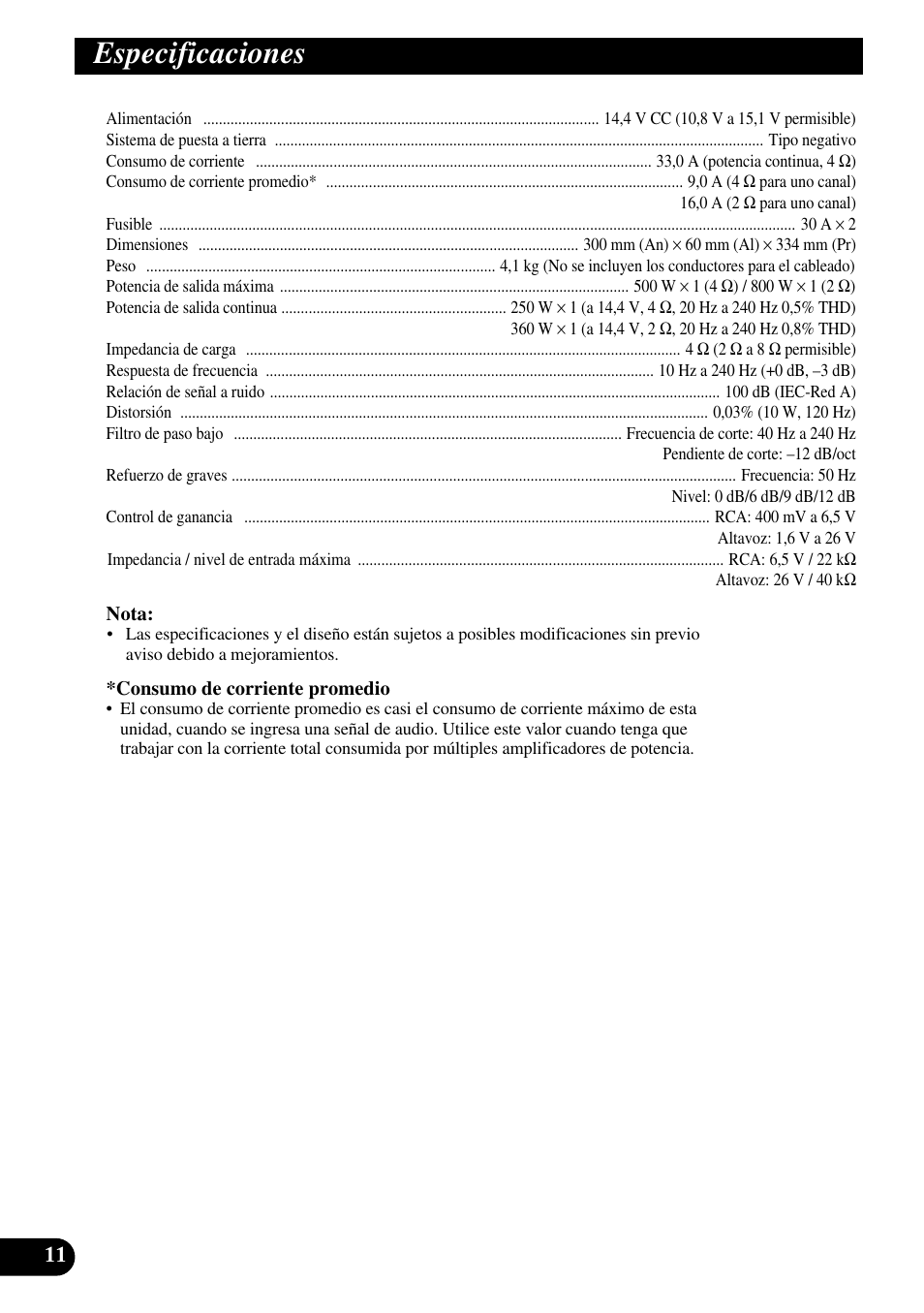 Especificaciones | Pioneer GM-7300M User Manual | Page 24 / 85