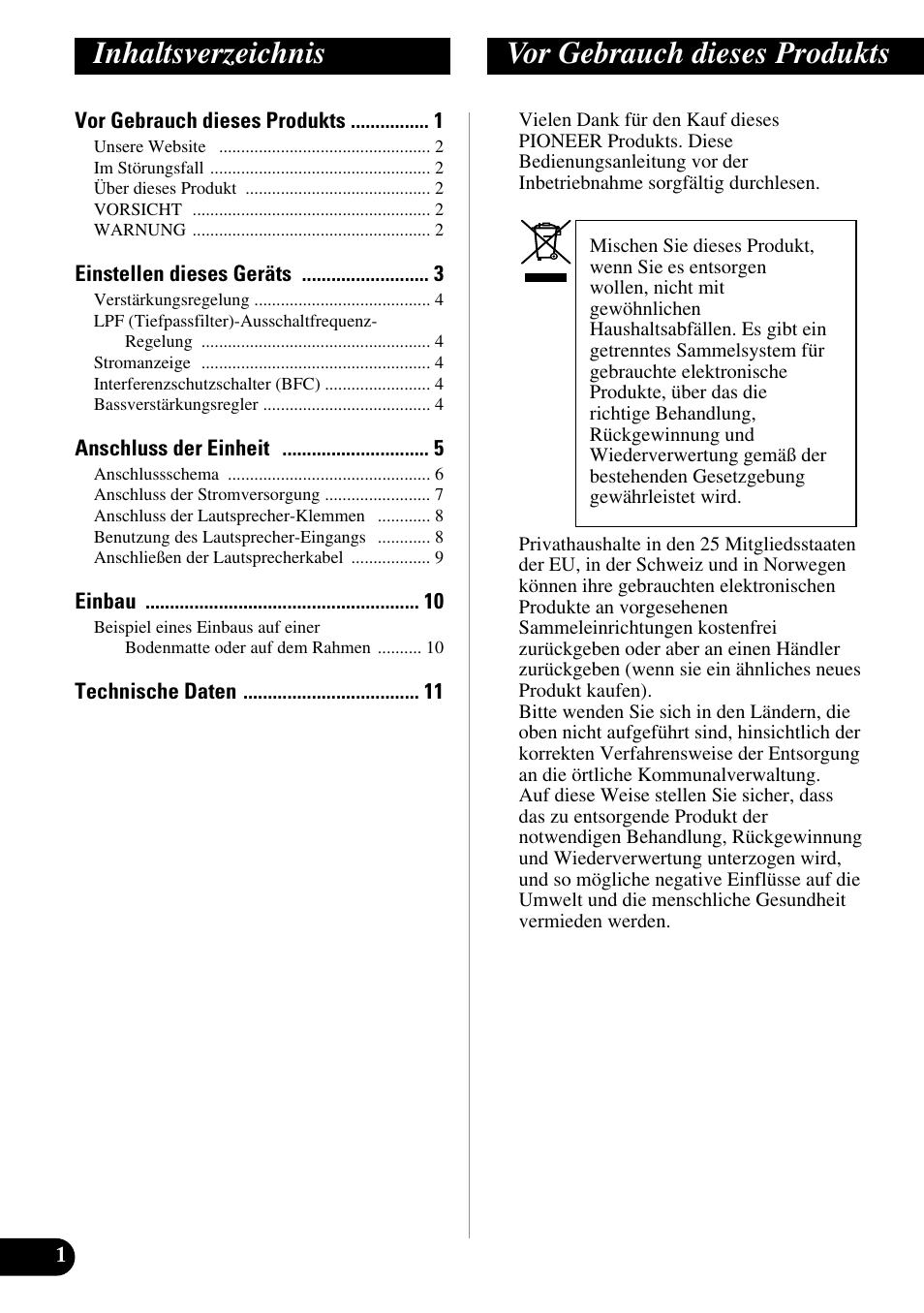 Deutsch, Inhaltsverzeichnis vor gebrauch dieses produkts | Pioneer GM-7300M User Manual | Page 26 / 85
