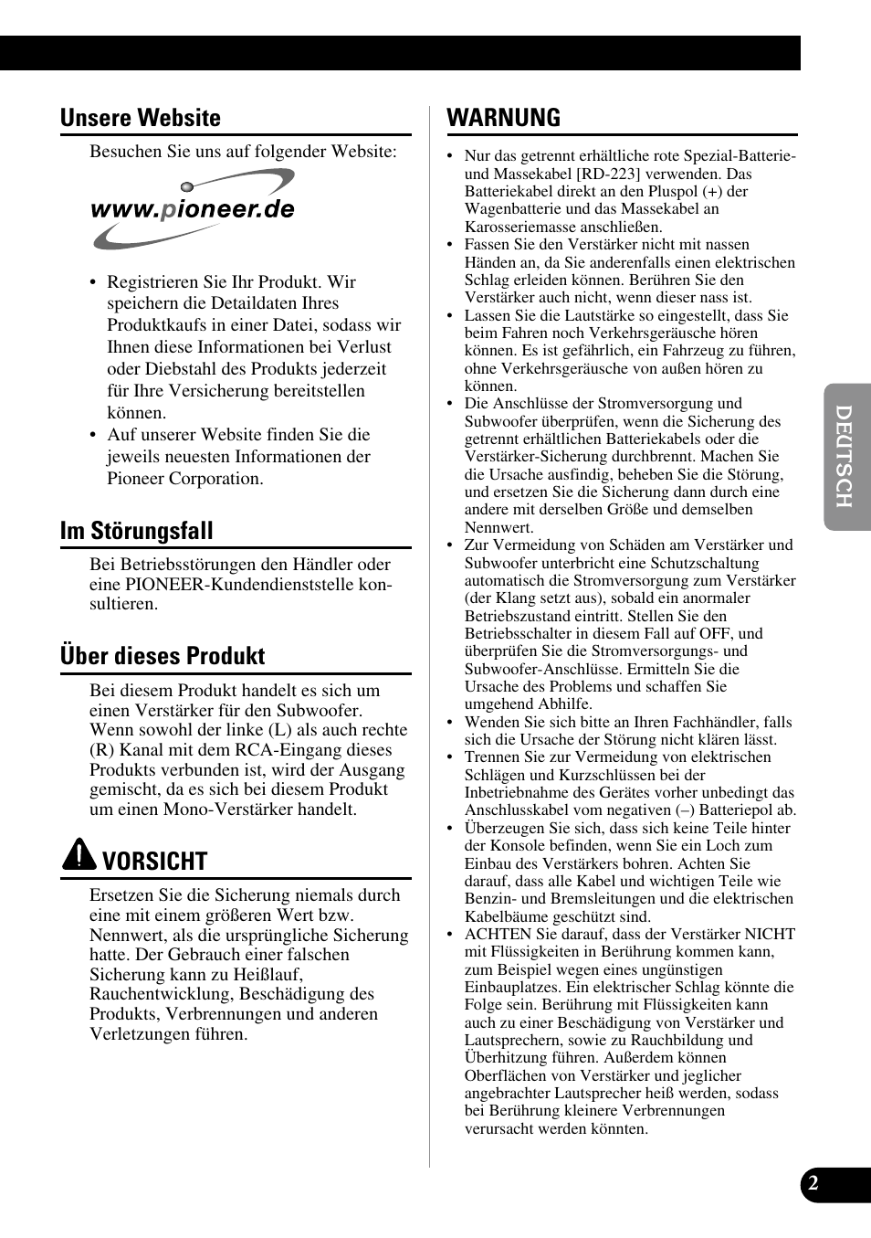 Unsere website, Im störungsfall, Über dieses produkt | Vorsicht, Warnung | Pioneer GM-7300M User Manual | Page 27 / 85