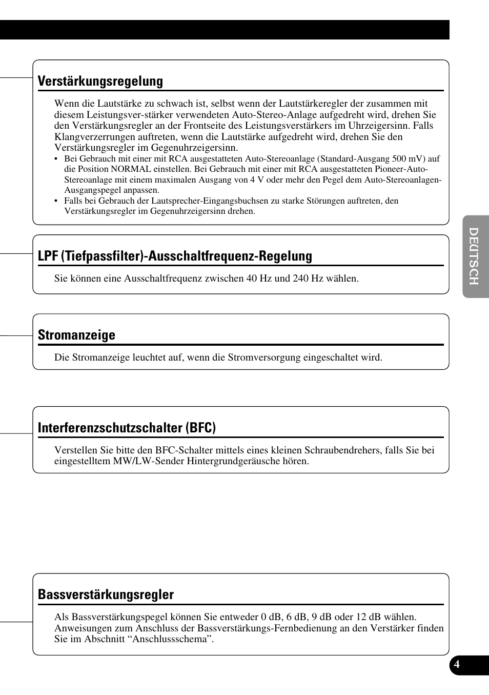 Regelung, Verstärkungsregelung, Stromanzeige | Interferenzschutzschalter (bfc), Lpf (tiefpassfilter)-ausschaltfrequenz-regelung, Bassverstärkungsregler | Pioneer GM-7300M User Manual | Page 29 / 85