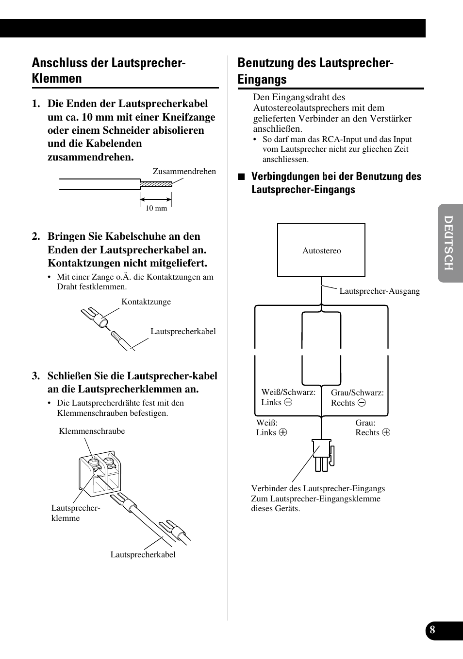 Anschluss der lautsprecher- klemmen, Benutzung des lautsprecher- eingangs | Pioneer GM-7300M User Manual | Page 33 / 85