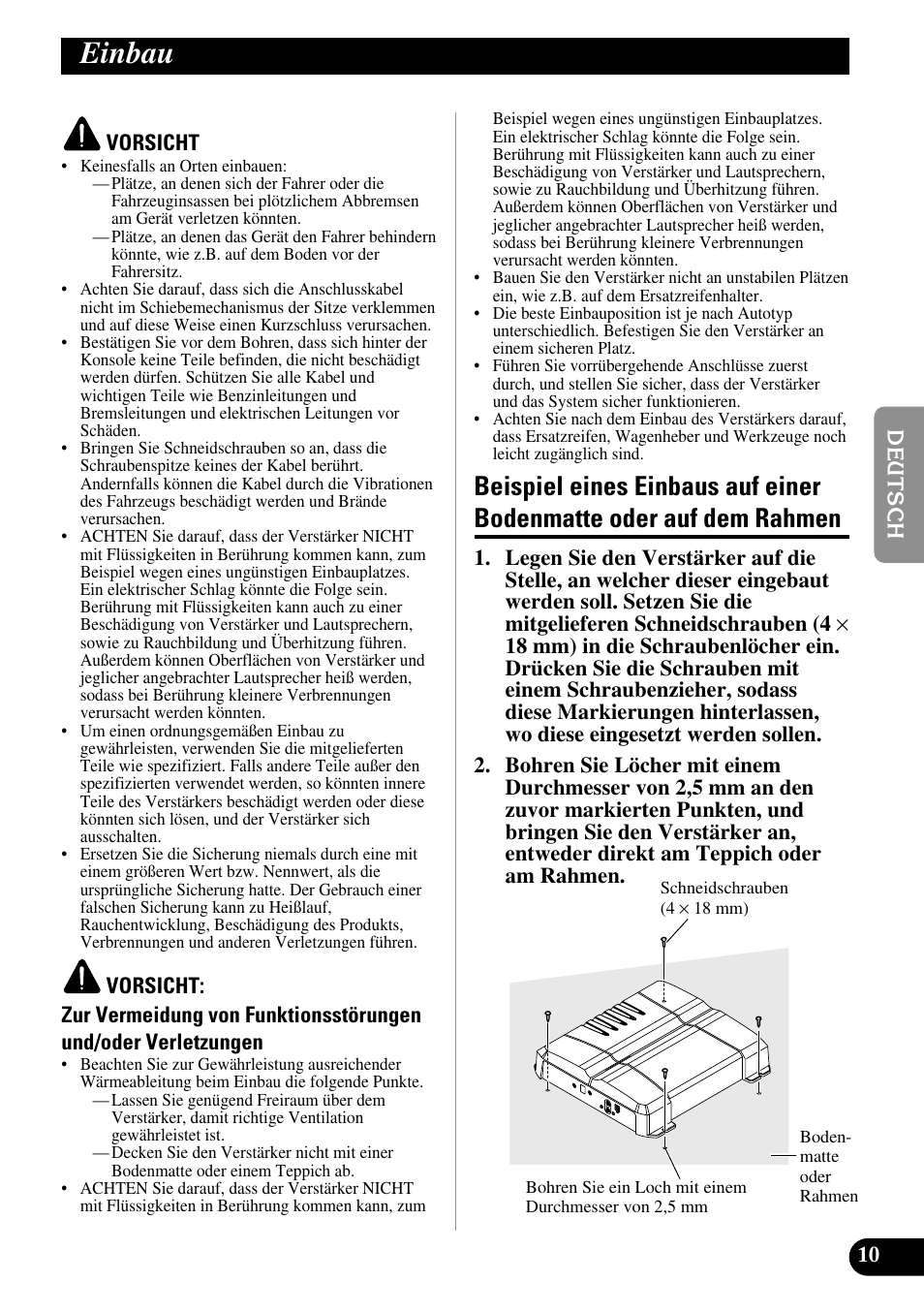 Einbau, Beispiel eines einbaus auf einer, Bodenmatte oder auf dem rahmen | Pioneer GM-7300M User Manual | Page 35 / 85