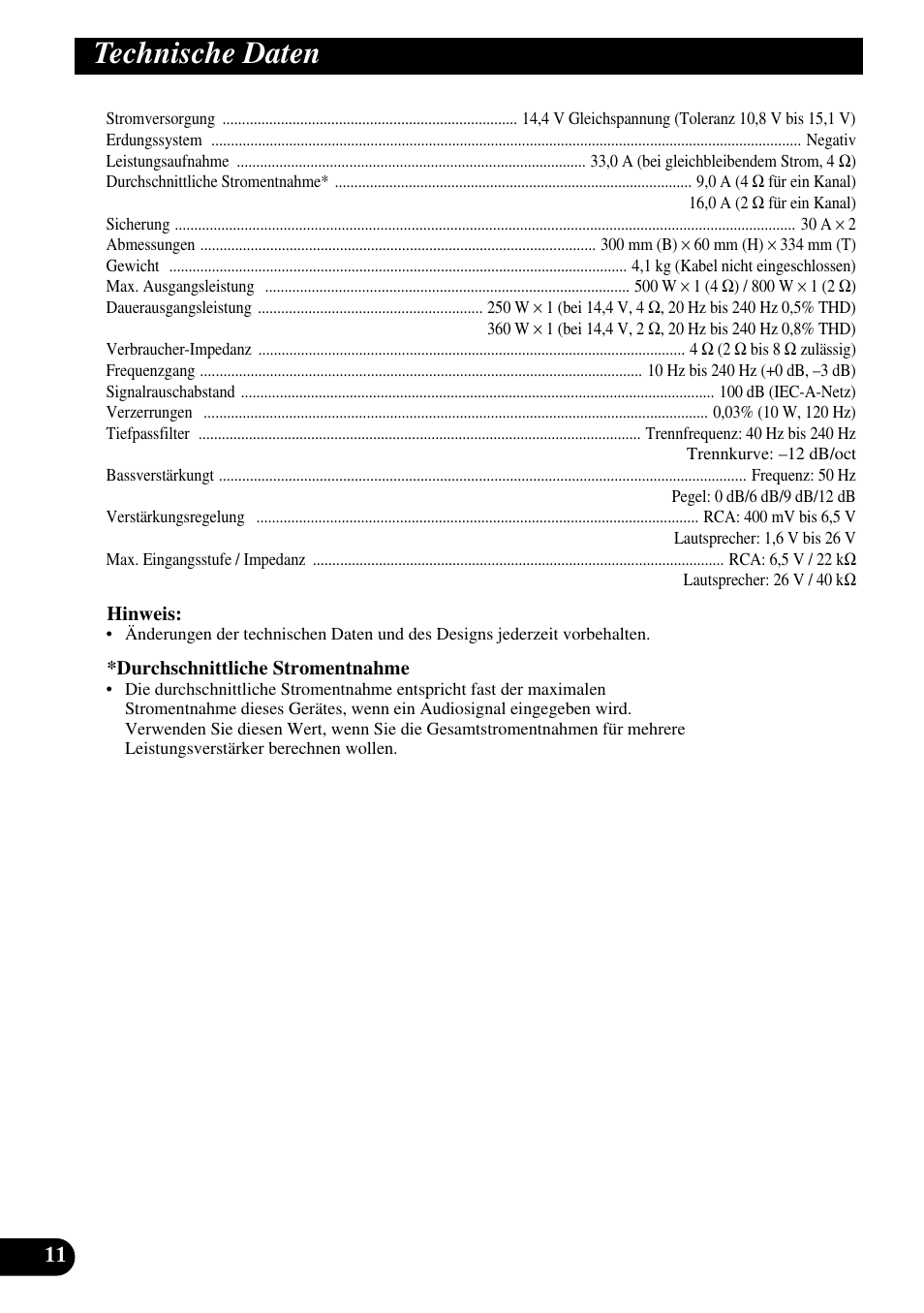 Technische daten | Pioneer GM-7300M User Manual | Page 36 / 85