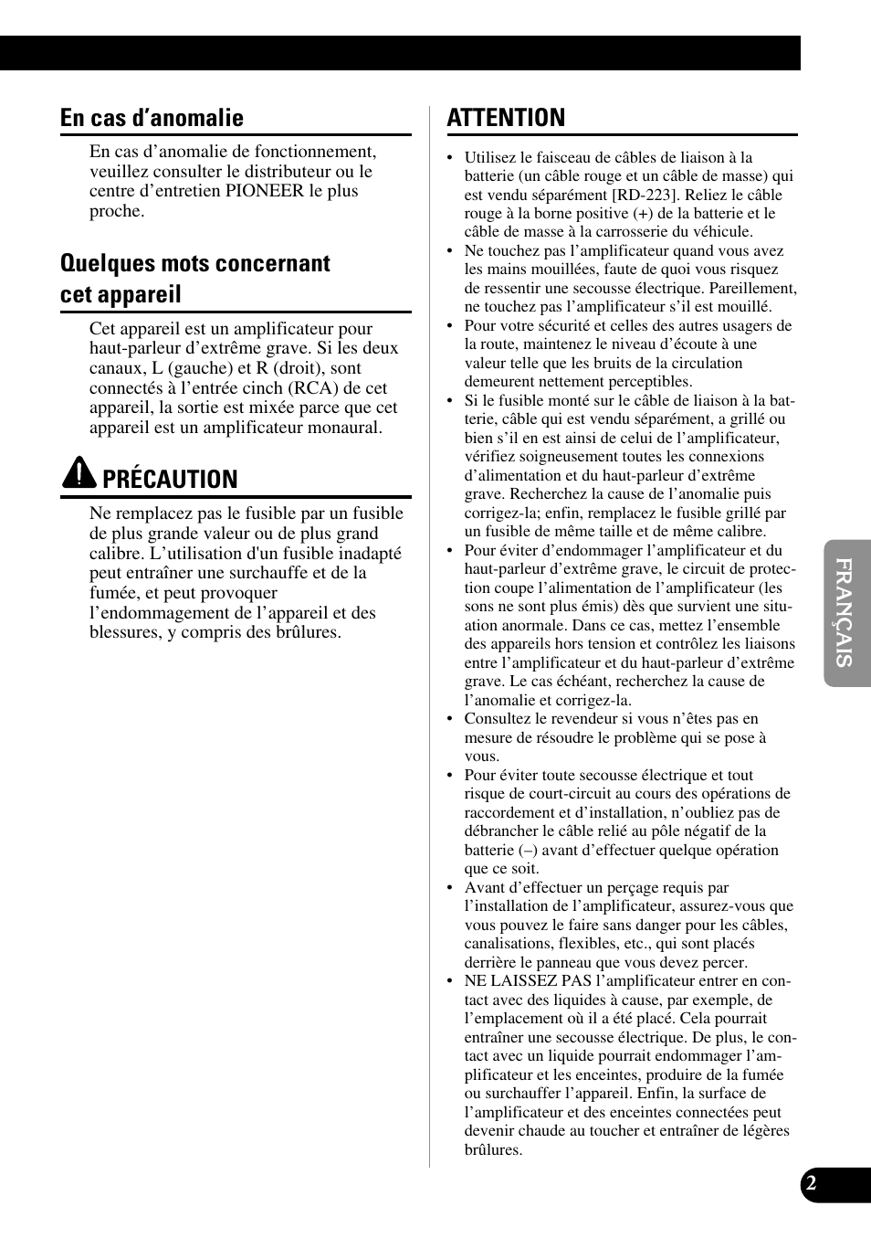 En cas d’anomalie, Quelques mots concernant cet appareil, Précaution | Attention | Pioneer GM-7300M User Manual | Page 39 / 85