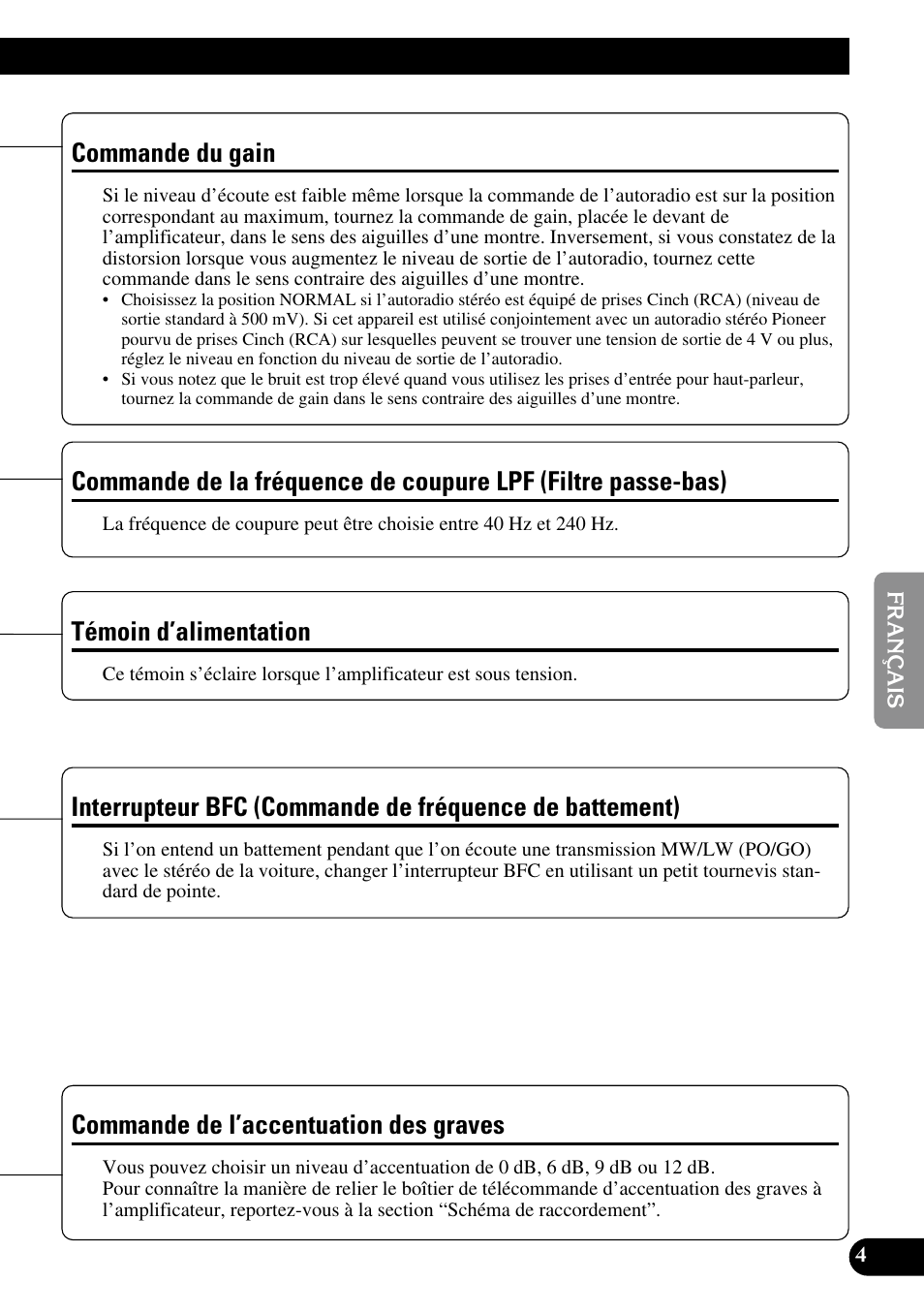 Filtre passe-bas), De battement), Commande de l’accentuation des graves | Commande du gain, Témoin d’alimentation | Pioneer GM-7300M User Manual | Page 41 / 85
