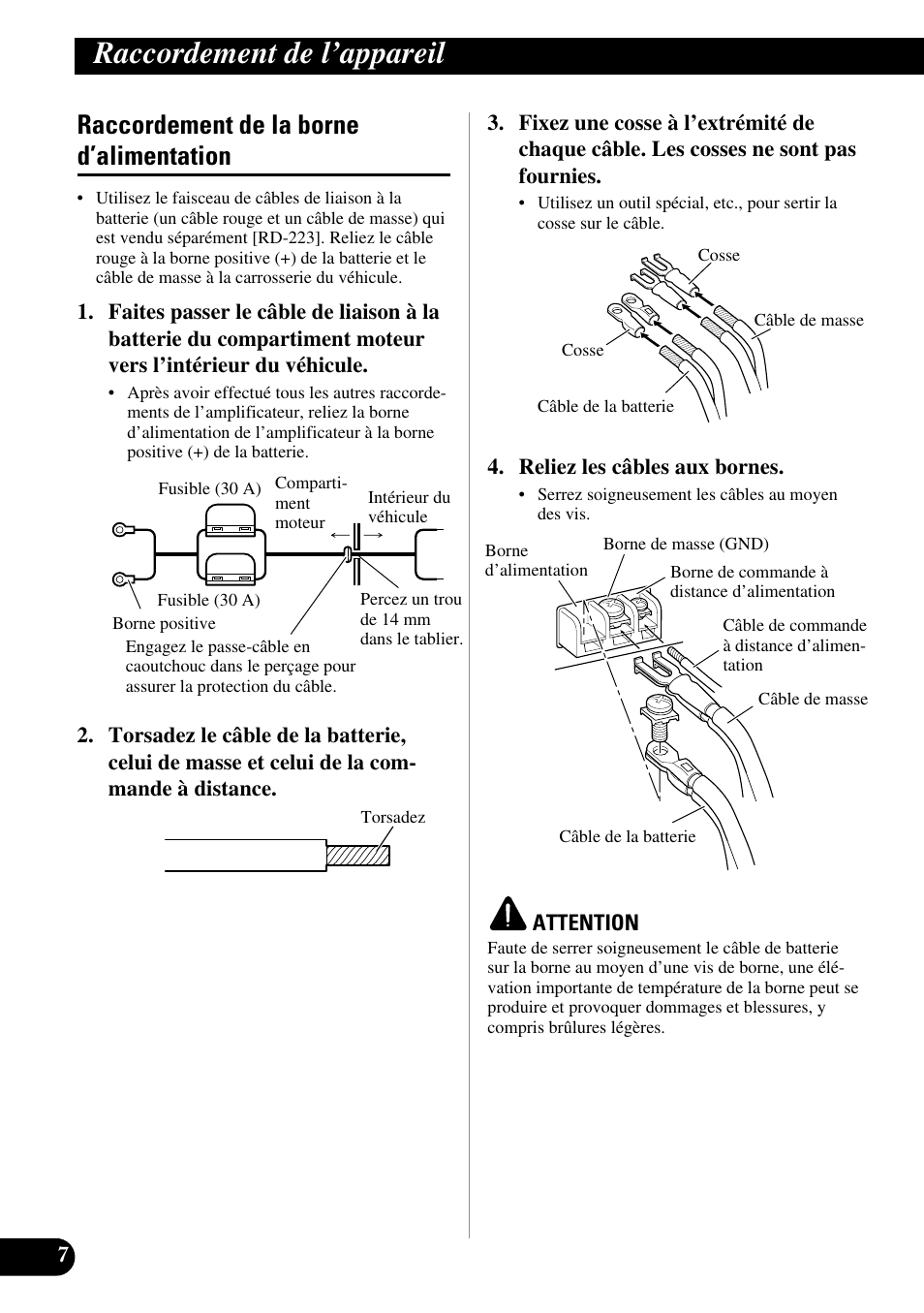 Raccordement de la borne d’alimentation, Raccordement de l’appareil | Pioneer GM-7300M User Manual | Page 44 / 85