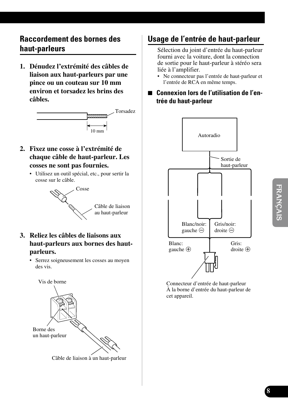 Raccordement des bornes des, Haut-parleurs, Usage de l’entrée de haut-parleur | Raccordement des bornes des haut-parleurs | Pioneer GM-7300M User Manual | Page 45 / 85