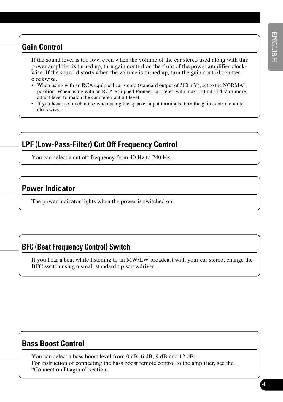 Control, Gain control, Power indicator | Bfc (beat frequency control) switch, Lpf (low-pass-filter) cut off frequency control, Bass boost control | Pioneer GM-7300M User Manual | Page 5 / 85