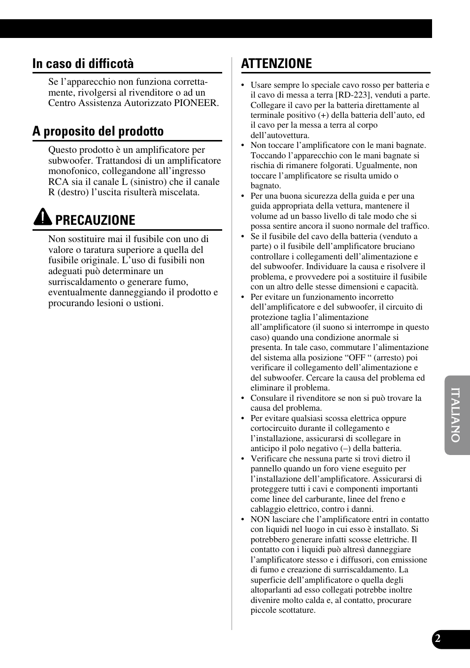 A proposito del prodotto, Precauzione, Attenzione | Pioneer GM-7300M User Manual | Page 51 / 85