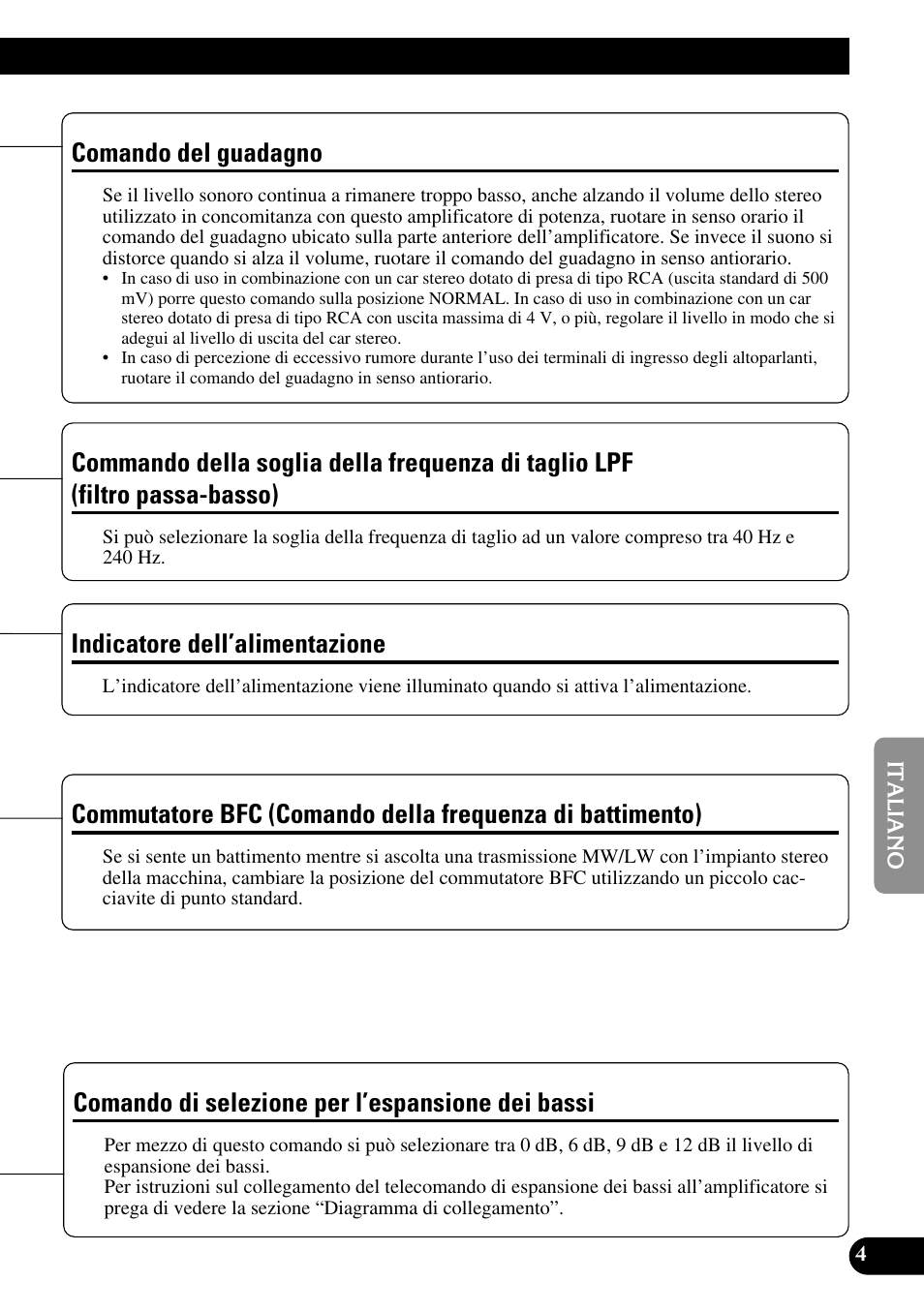Di taglio lpf (filtro passa-basso), Frequenza di battimento), Comando di selezione per | L’espansione dei bassi, Comando del guadagno, Indicatore dell’alimentazione, Comando di selezione per l’espansione dei bassi | Pioneer GM-7300M User Manual | Page 53 / 85