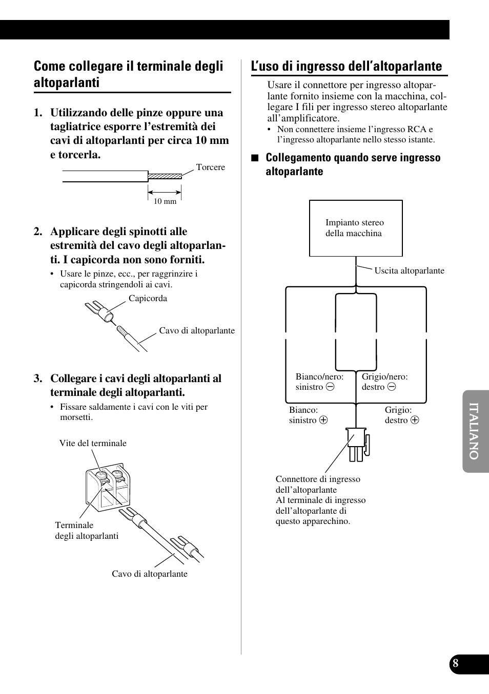 Come collegare il terminale degli, Altoparlanti, L’uso di ingresso dell’altoparlante | Come collegare il terminale degli altoparlanti | Pioneer GM-7300M User Manual | Page 57 / 85