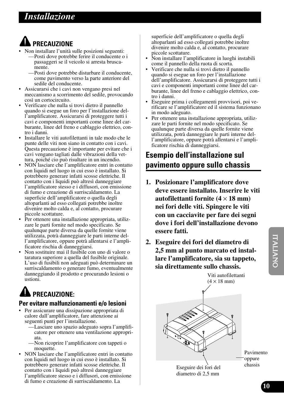 Installazione, Esempio dell’installazione sul pavimento, Oppure sullo chassis | Pioneer GM-7300M User Manual | Page 59 / 85