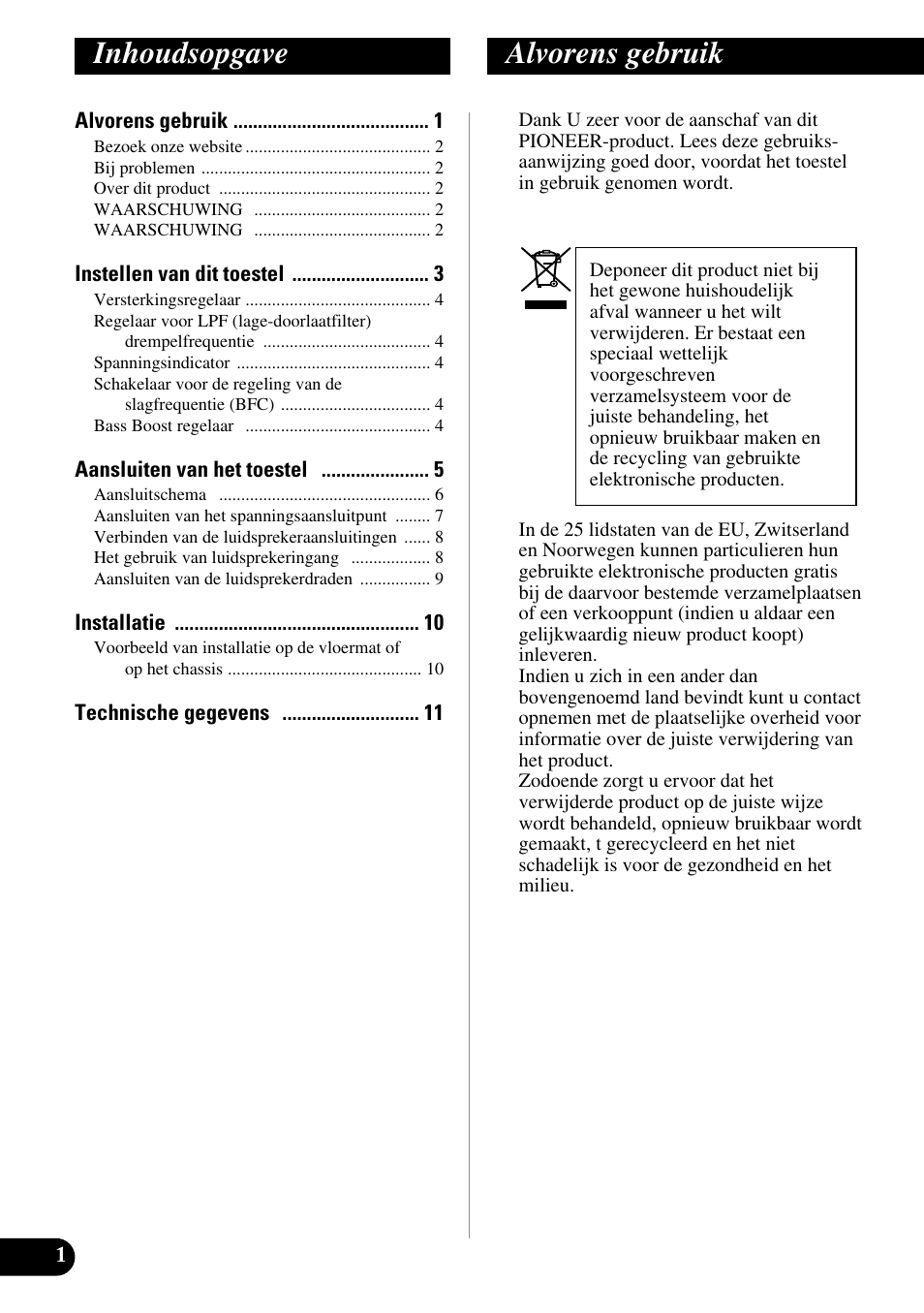 Nederlands, Inhoudsopgave alvorens gebruik | Pioneer GM-7300M User Manual | Page 62 / 85