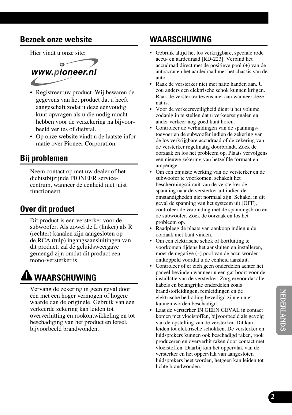 Bezoek onze website, Bij problemen, Over dit product | Waarschuwing | Pioneer GM-7300M User Manual | Page 63 / 85