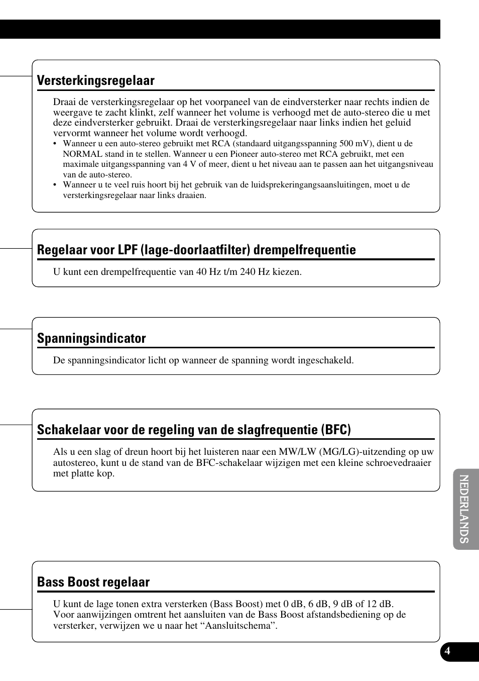 Drempelfrequentie, Slagfrequentie (bfc), Bass boost regelaar | Versterkingsregelaar, Spanningsindicator | Pioneer GM-7300M User Manual | Page 65 / 85