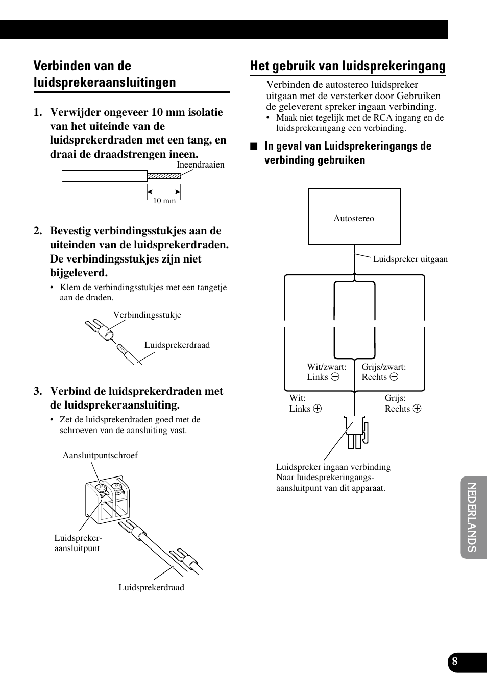 Verbinden van de luidsprekeraansluitingen, Het gebruik van luidsprekeringang | Pioneer GM-7300M User Manual | Page 69 / 85
