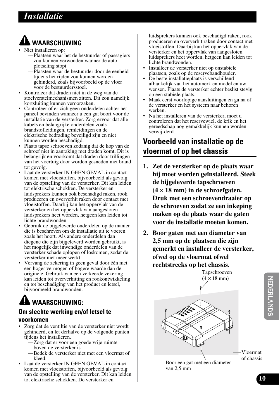 Installatie, Voorbeeld van installatie op de vloermat of, Op het chassis | Pioneer GM-7300M User Manual | Page 71 / 85