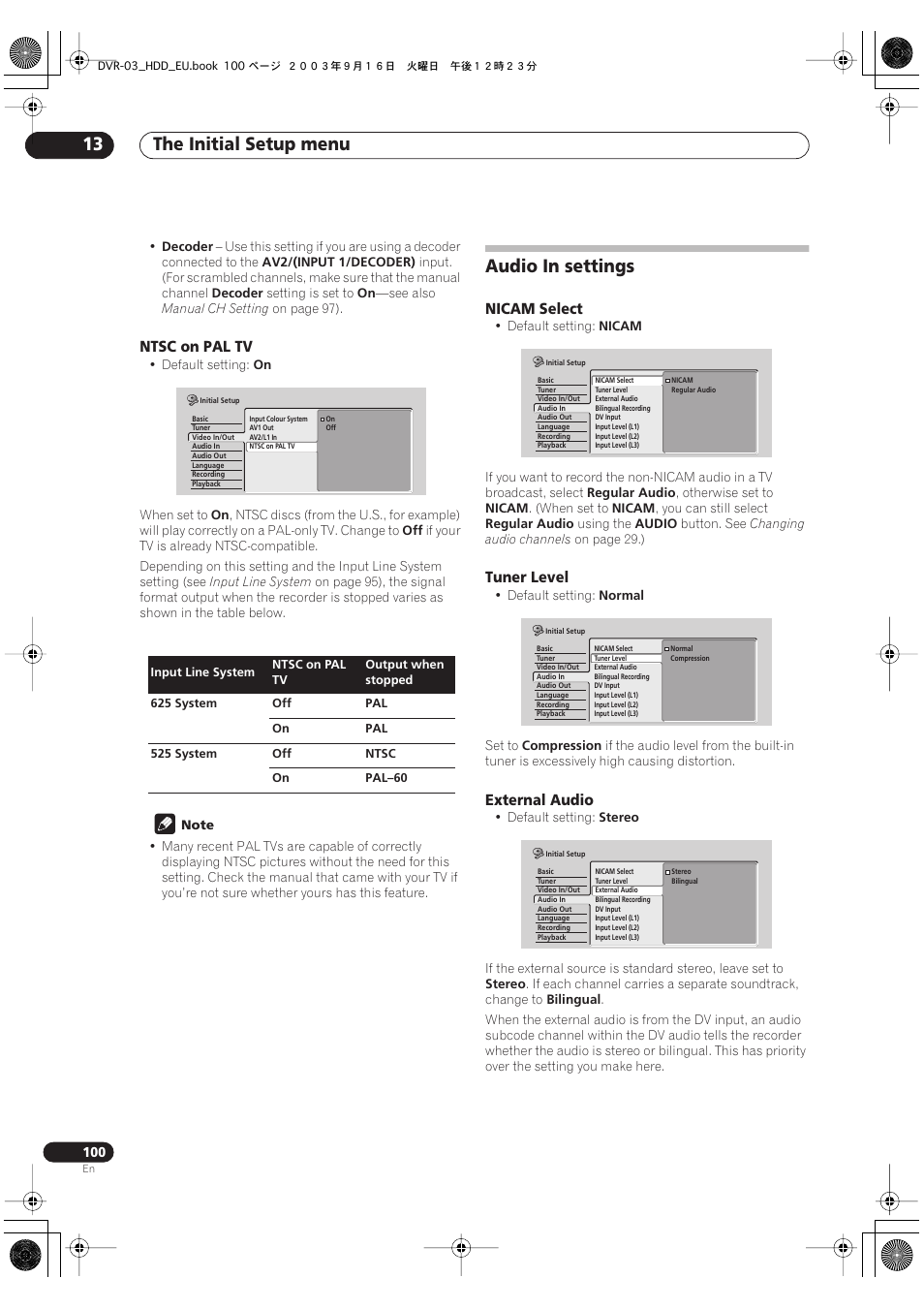 Audio in settings, The initial setup menu 13 | Pioneer DVR-5100H-S User Manual | Page 100 / 128