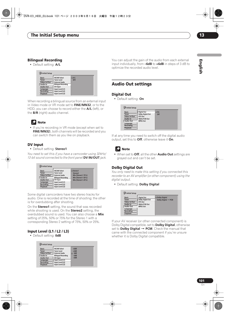 Audio out settings, The initial setup menu 13 | Pioneer DVR-5100H-S User Manual | Page 101 / 128