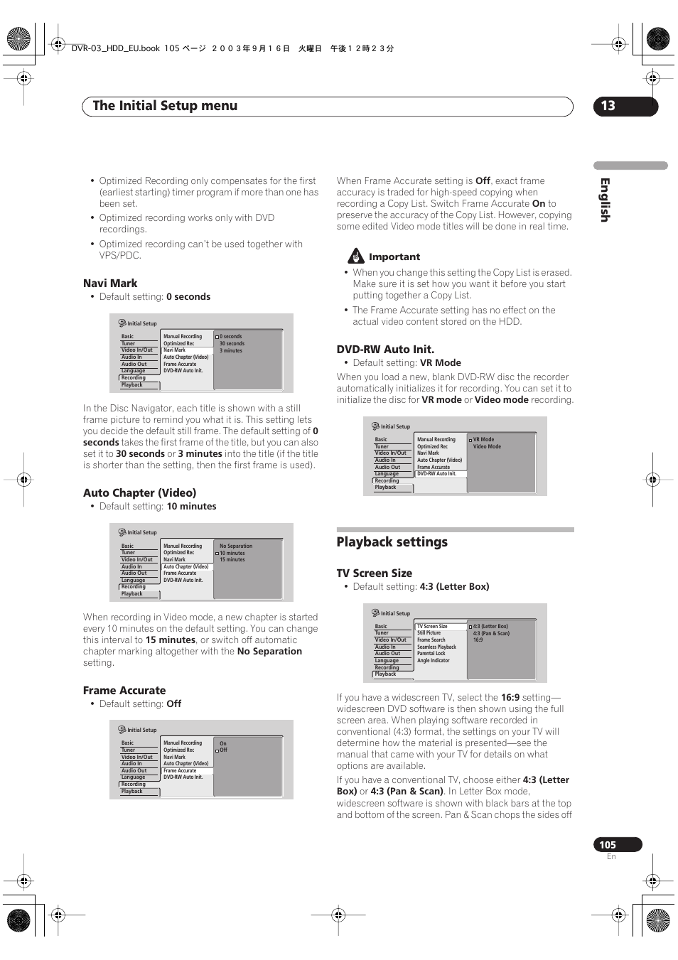 Playback settings, The initial setup menu 13 | Pioneer DVR-5100H-S User Manual | Page 105 / 128