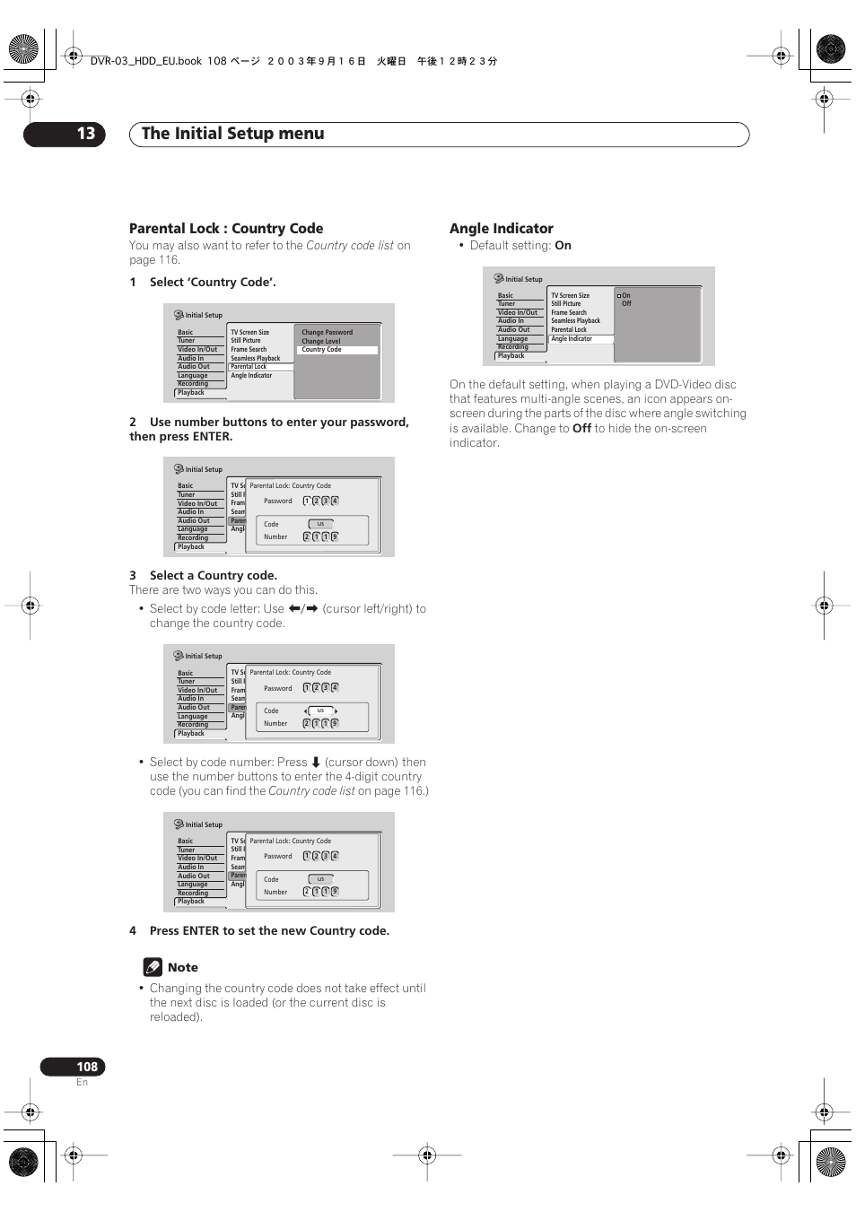 The initial setup menu 13, Parental lock : country code, Angle indicator | Pioneer DVR-5100H-S User Manual | Page 108 / 128