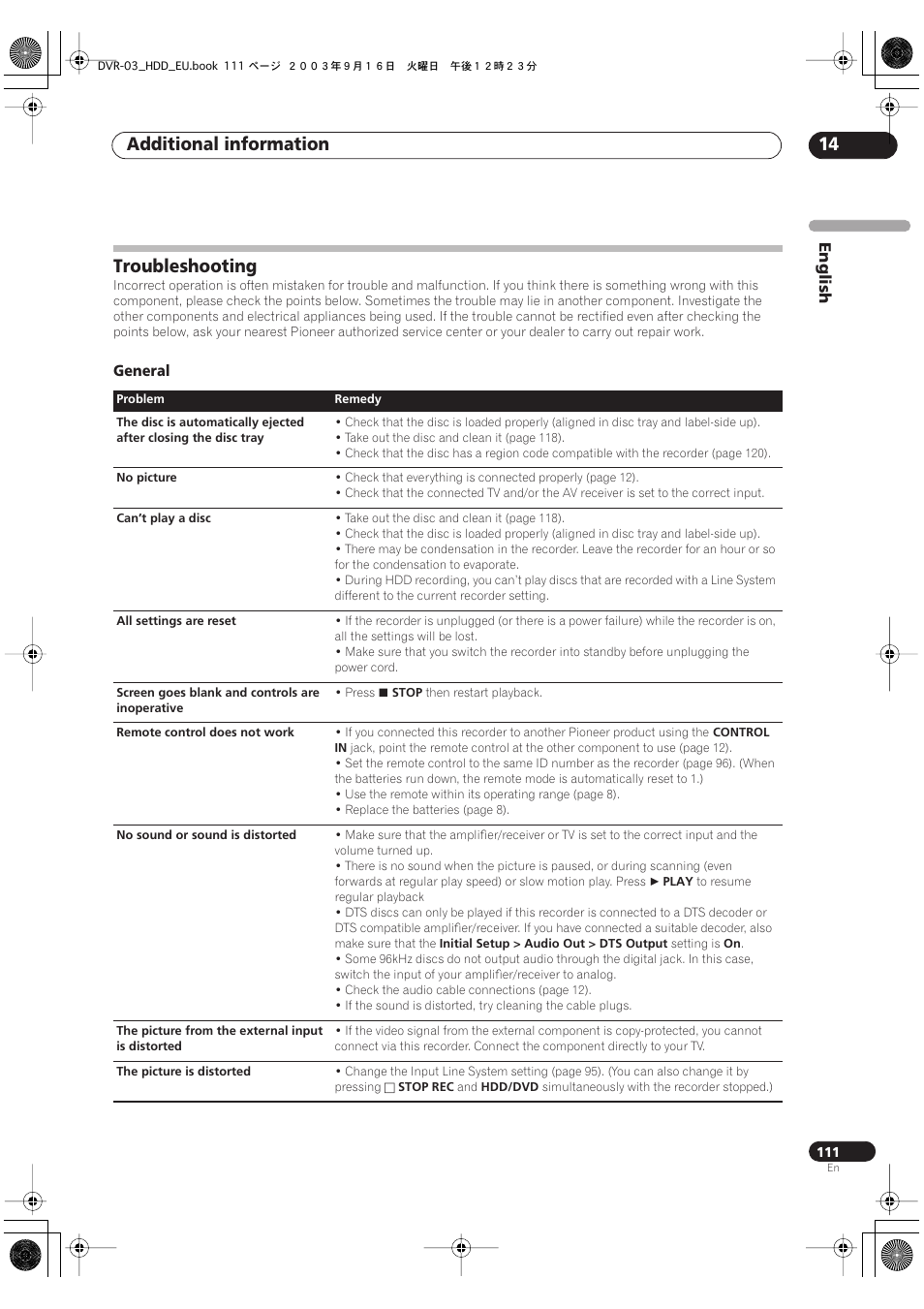 Troubleshooting, Additional information 14, English | General | Pioneer DVR-5100H-S User Manual | Page 111 / 128