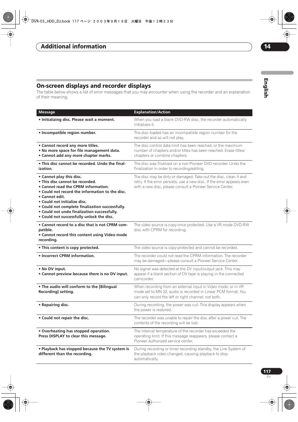 On-screen displays and recorder displays, Additional information 14 | Pioneer DVR-5100H-S User Manual | Page 117 / 128