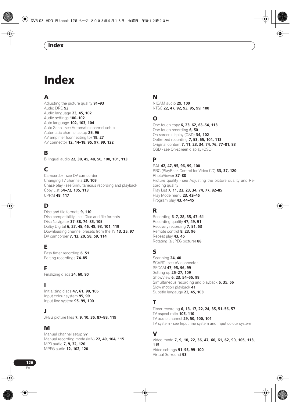 Index | Pioneer DVR-5100H-S User Manual | Page 126 / 128