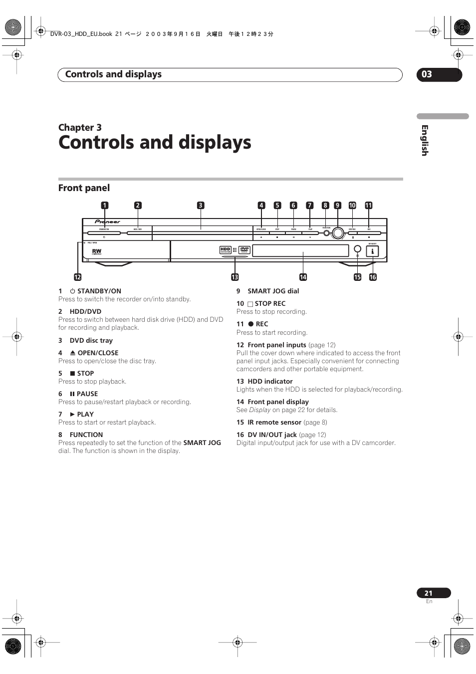 Front panel, Controls and displays, Controls and displays 03 | Chapter 3 | Pioneer DVR-5100H-S User Manual | Page 21 / 128