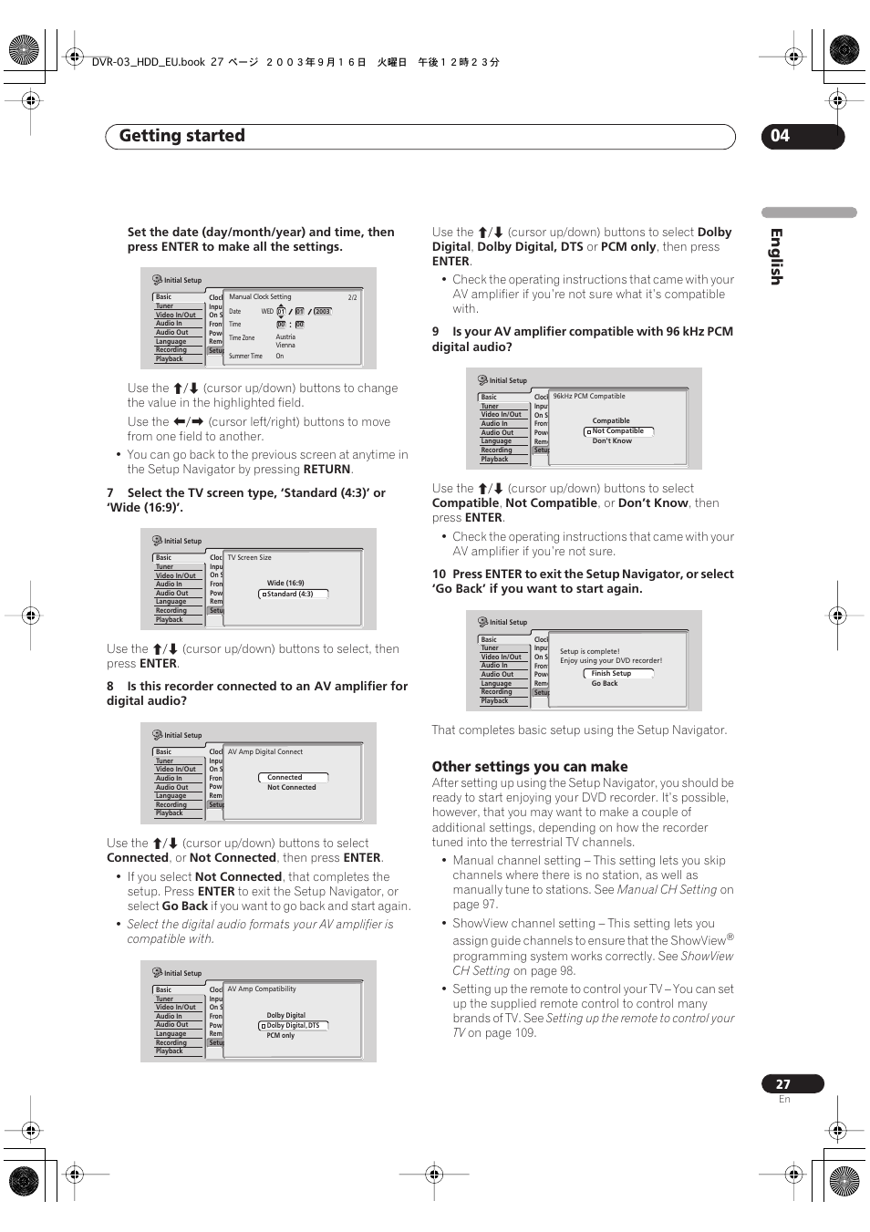Getting started 04, English, Other settings you can make | Pioneer DVR-5100H-S User Manual | Page 27 / 128