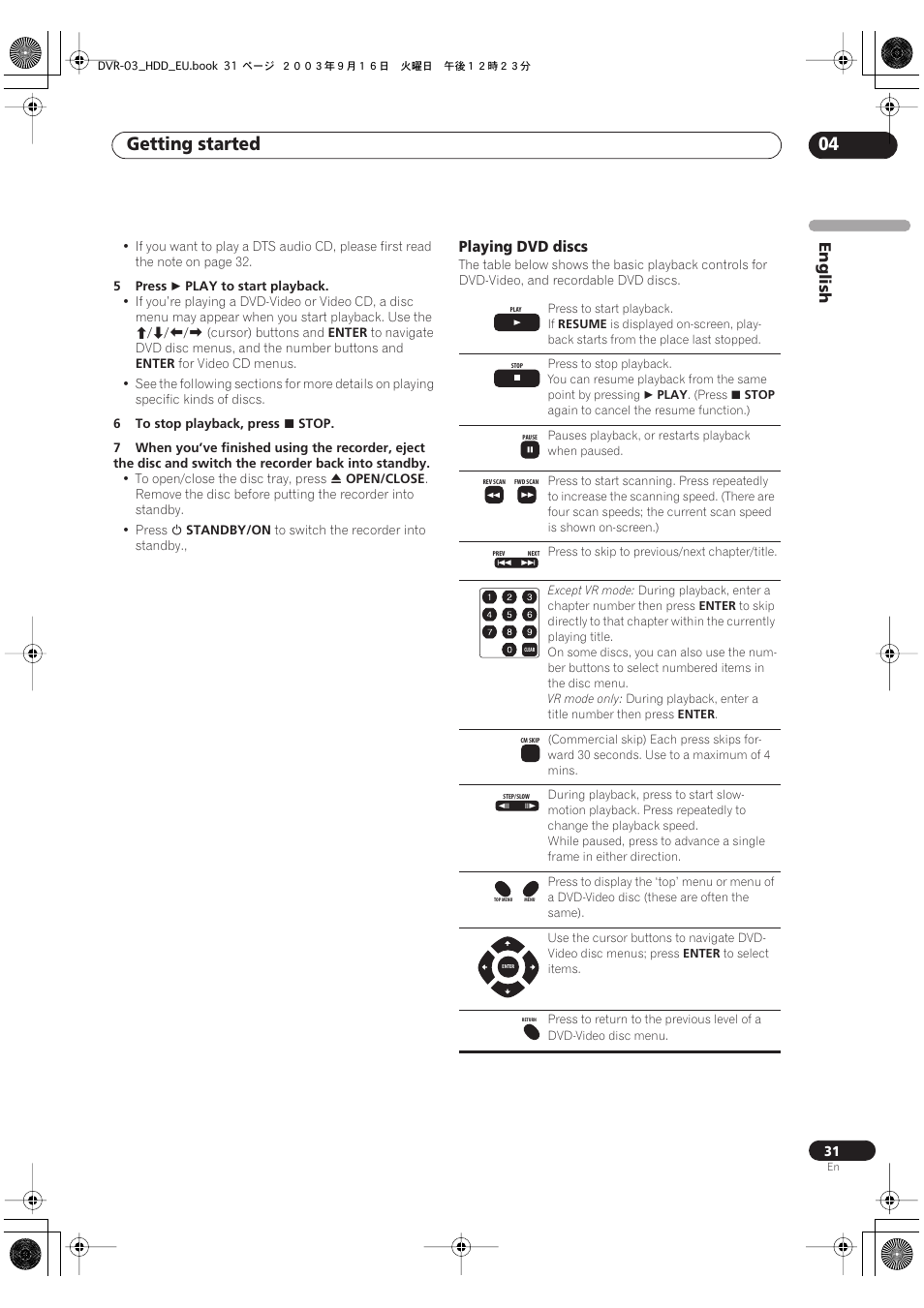 Getting started 04, English, Playing dvd discs | Pioneer DVR-5100H-S User Manual | Page 31 / 128