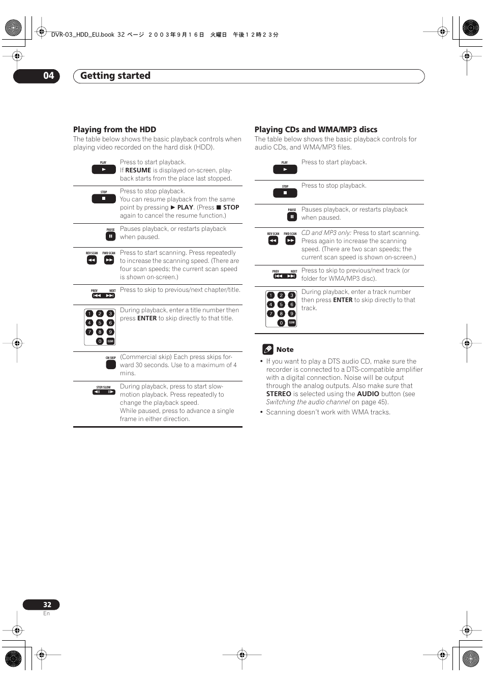 Getting started 04, Playing from the hdd, Playing cds and wma/mp3 discs | Pioneer DVR-5100H-S User Manual | Page 32 / 128