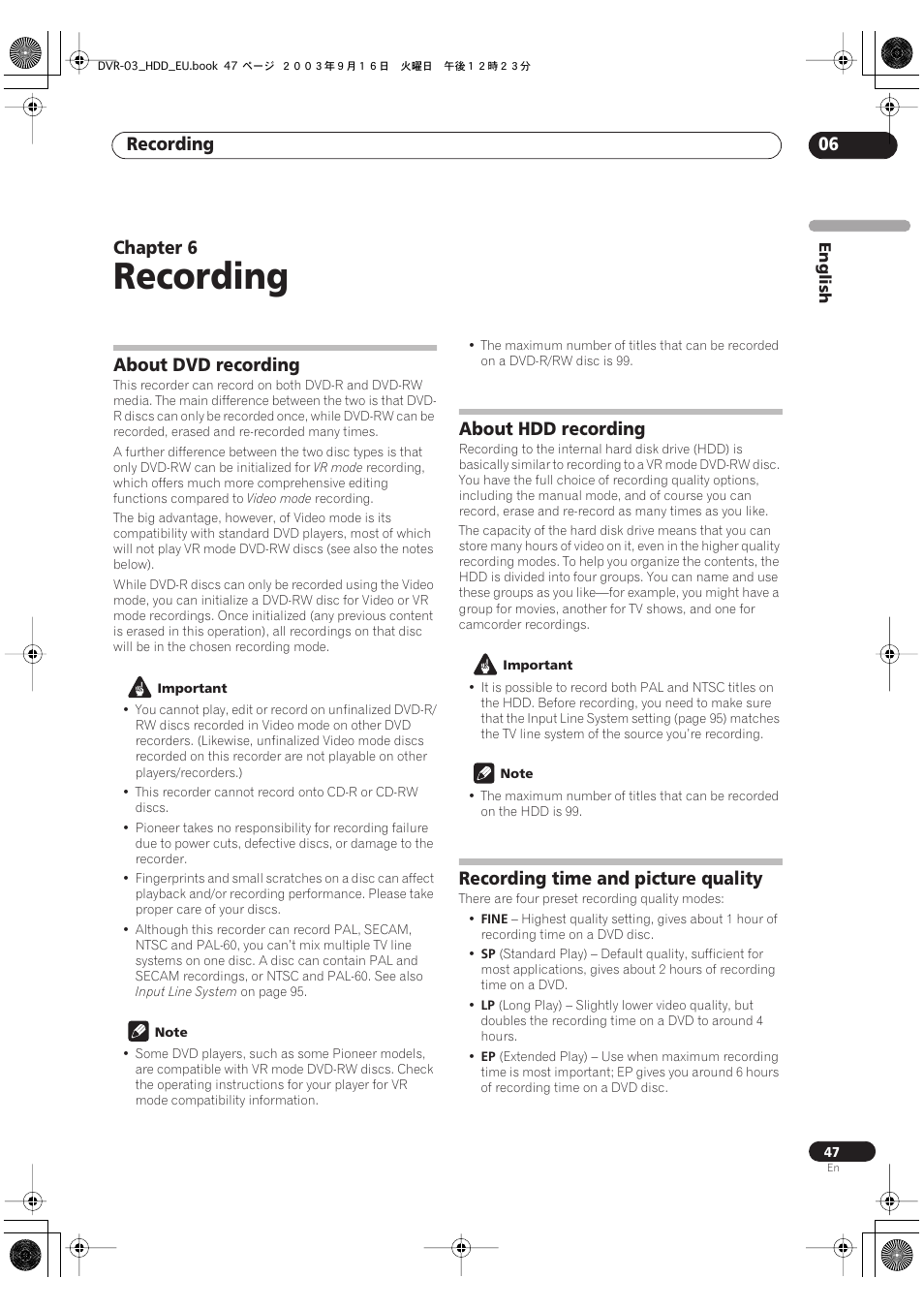 About dvd recording, About hdd recording, Recording time and picture quality | Recording, Recording 06, Chapter 6 | Pioneer DVR-5100H-S User Manual | Page 47 / 128