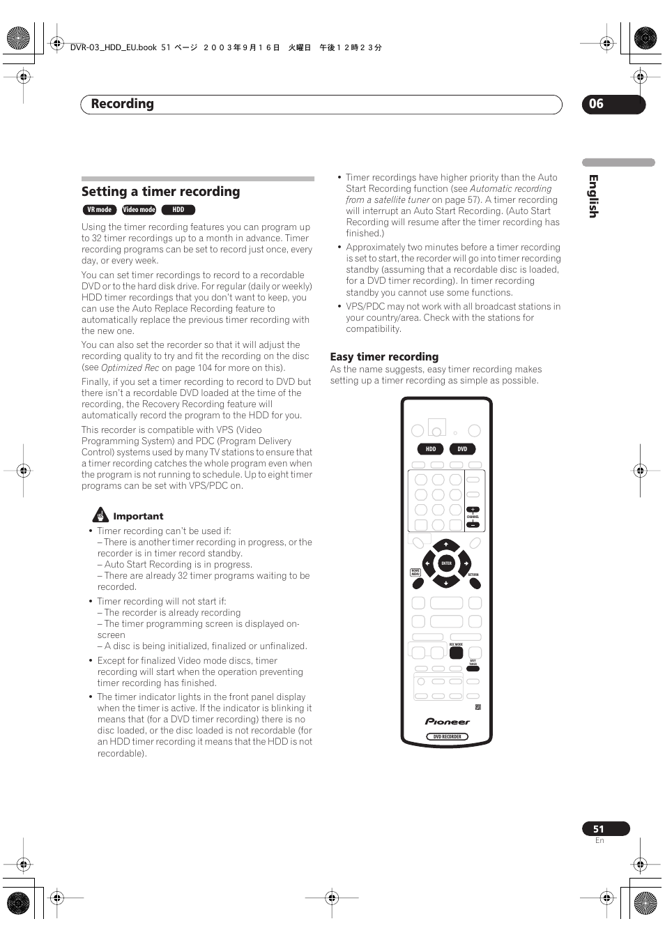 Setting a timer recording, Recording 06, English | Easy timer recording | Pioneer DVR-5100H-S User Manual | Page 51 / 128