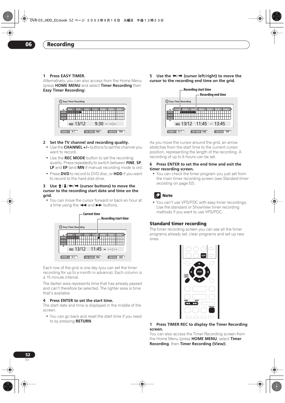 Recording 06, Standard timer recording | Pioneer DVR-5100H-S User Manual | Page 52 / 128