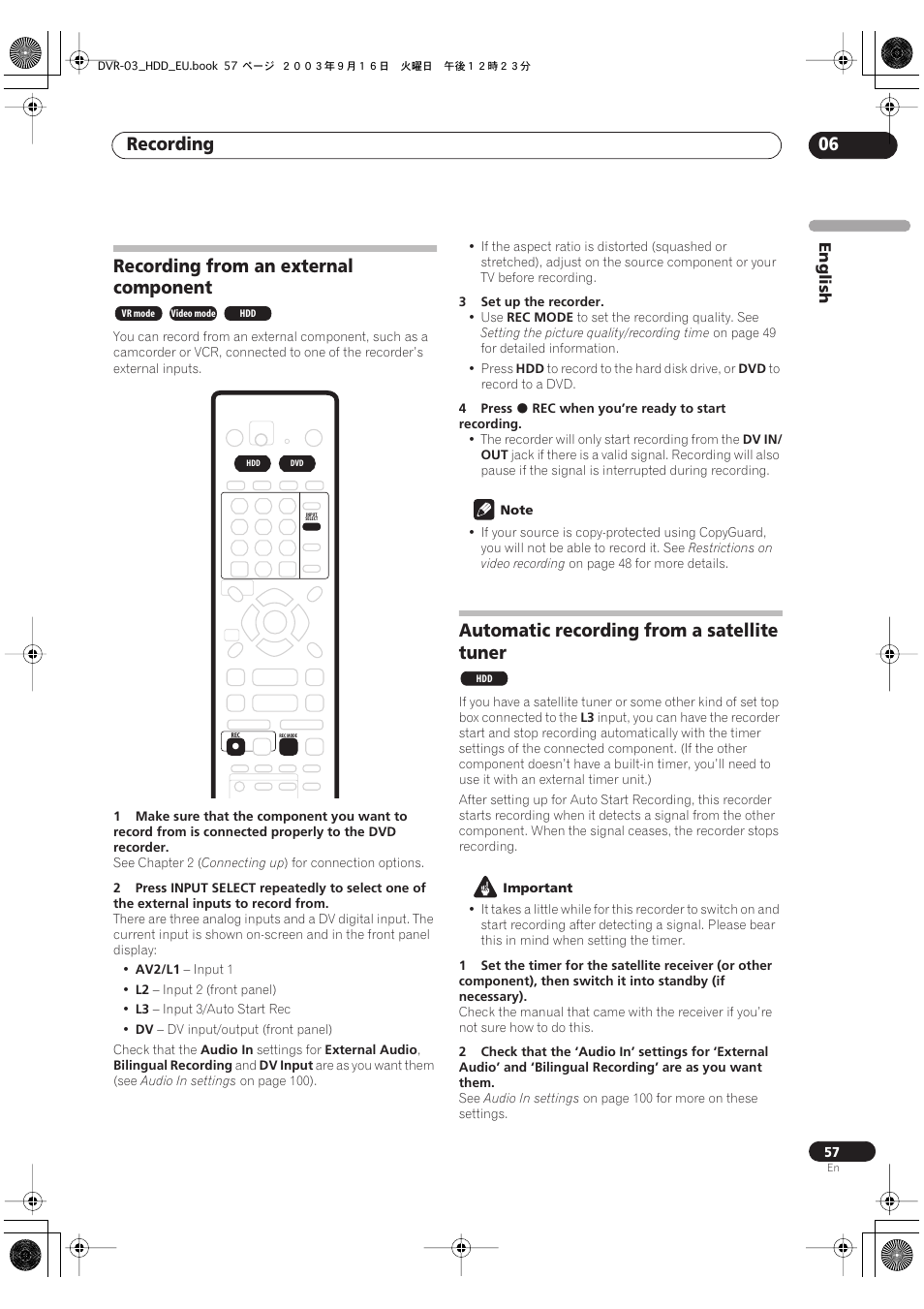 Recording from an external component, Automatic recording from a satellite tuner, Recording 06 | Pioneer DVR-5100H-S User Manual | Page 57 / 128