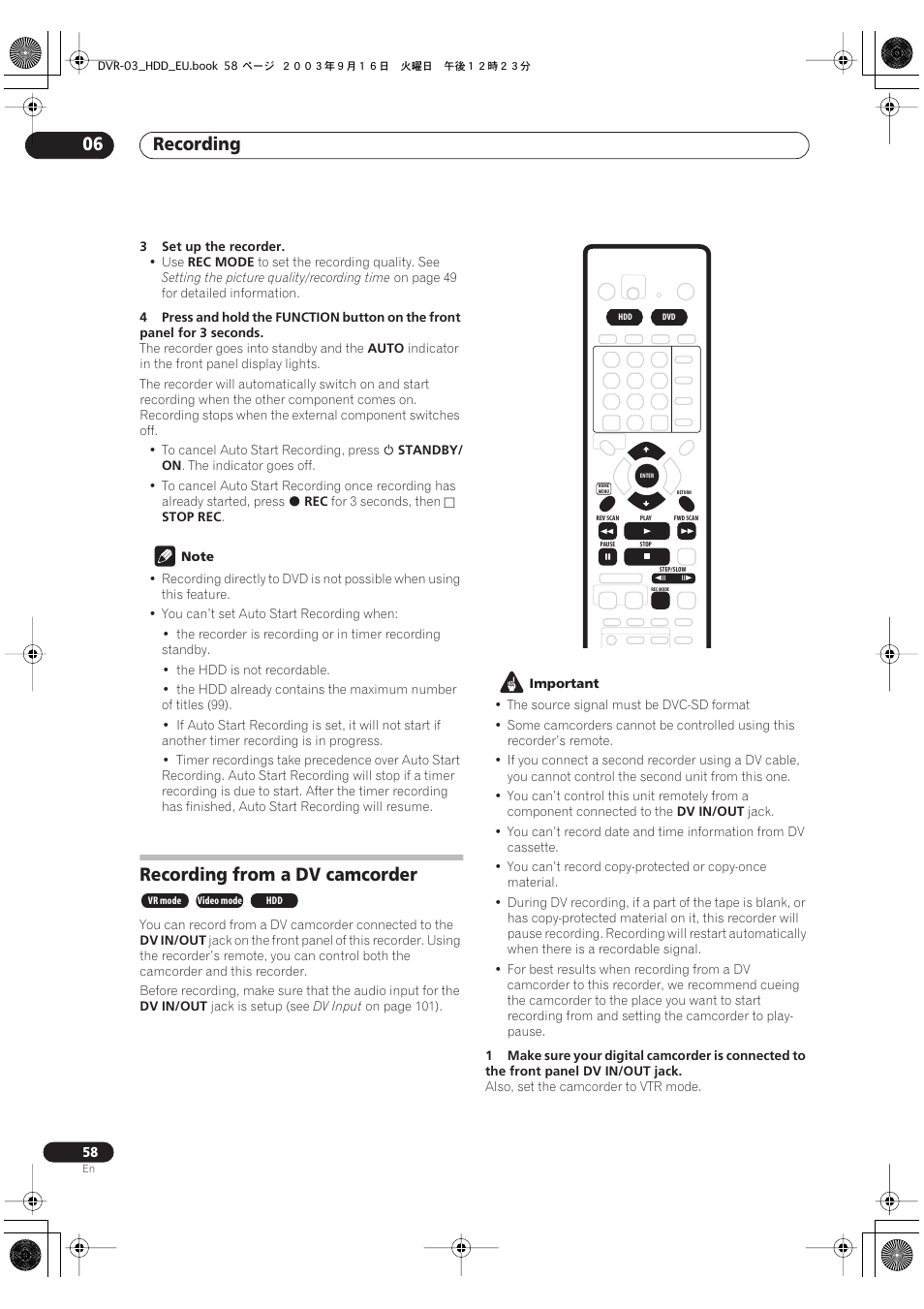 Recording from a dv camcorder, Recording 06 | Pioneer DVR-5100H-S User Manual | Page 58 / 128