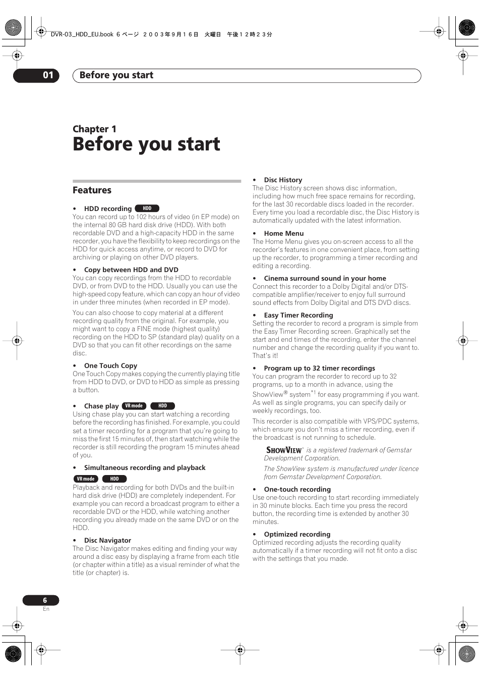 Features, Before you start, Before you start 01 | Chapter 1 | Pioneer DVR-5100H-S User Manual | Page 6 / 128