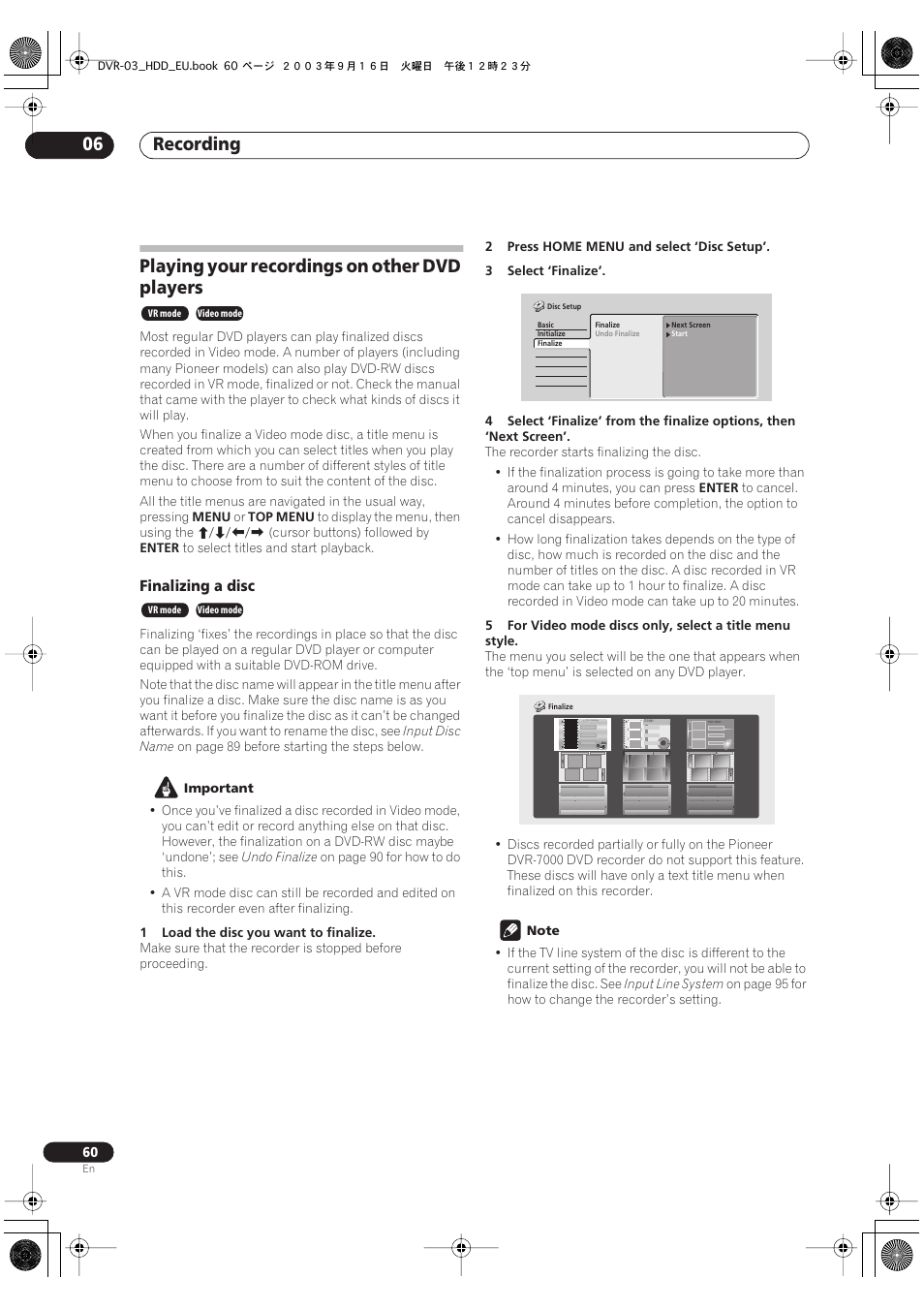 Playing your recordings on other dvd players, Recording 06 | Pioneer DVR-5100H-S User Manual | Page 60 / 128