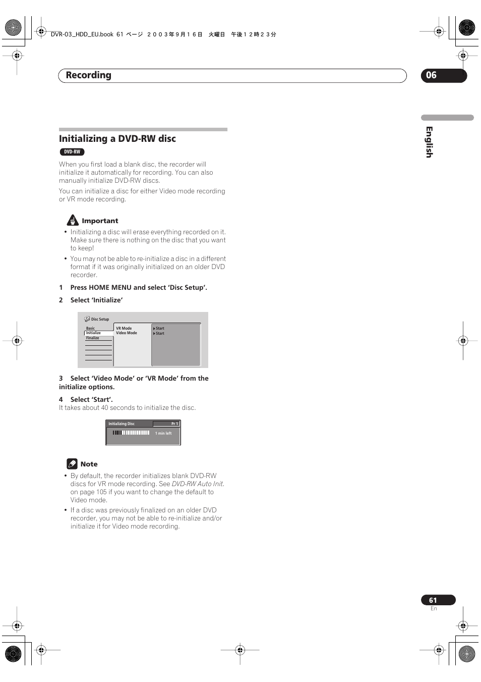 Initializing a dvd-rw disc, Recording 06 | Pioneer DVR-5100H-S User Manual | Page 61 / 128