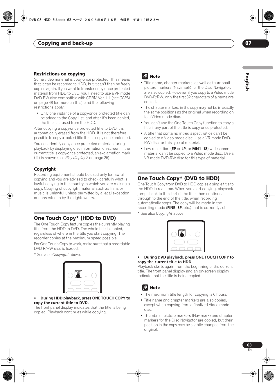 One touch copy* (hdd to dvd), One touch copy* (dvd to hdd), Copying and back-up 07 | Pioneer DVR-5100H-S User Manual | Page 63 / 128